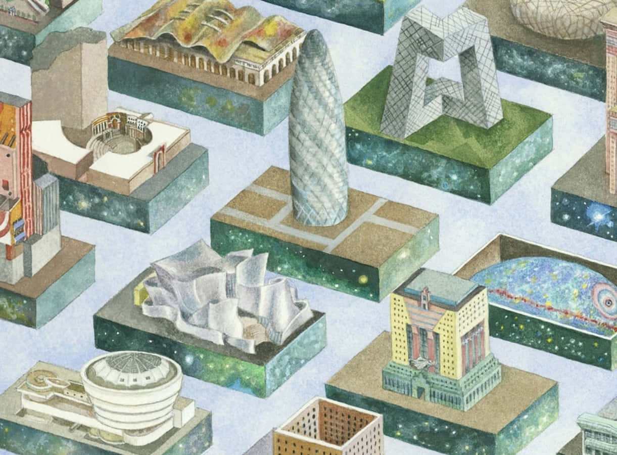 Postmodernism 桌布 壁紙 — 未來主義的浮動建築模型，帶有星形底座，排列成超現實拼貼畫。