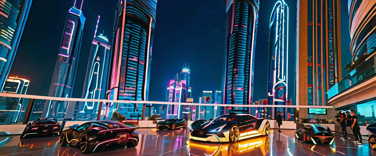 golden hour 桌布 壁紙 — 未來主義的霓虹燈城市夜景，光滑平台上停著時尚的黑色跑車。