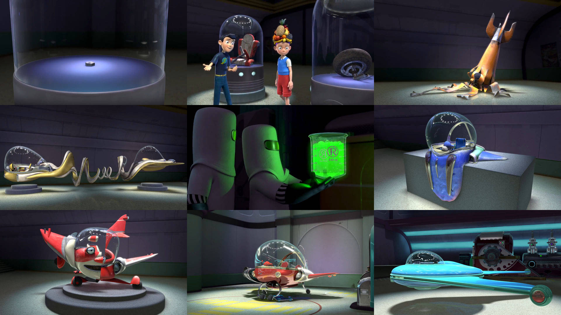 meet the robinsons 桌布 壁紙 — 未來博物館在戲劇性的聚光燈下展示發光的外星文物和古怪的太空船。