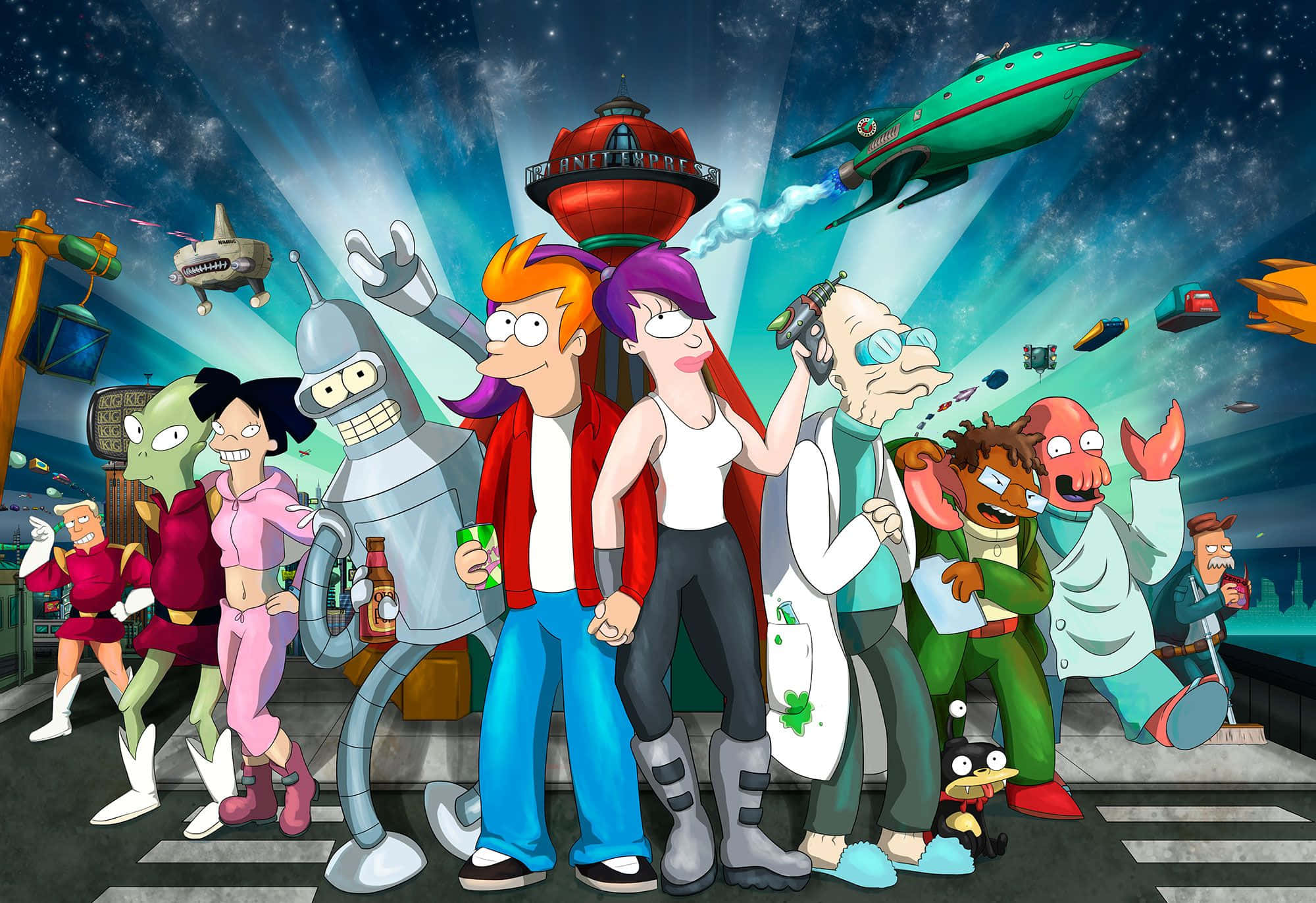 Futurama 桌布 壁紙 — 未來卡通人物站在斑馬線上，星空下，有飛行車輛和 Planet Express 大樓。