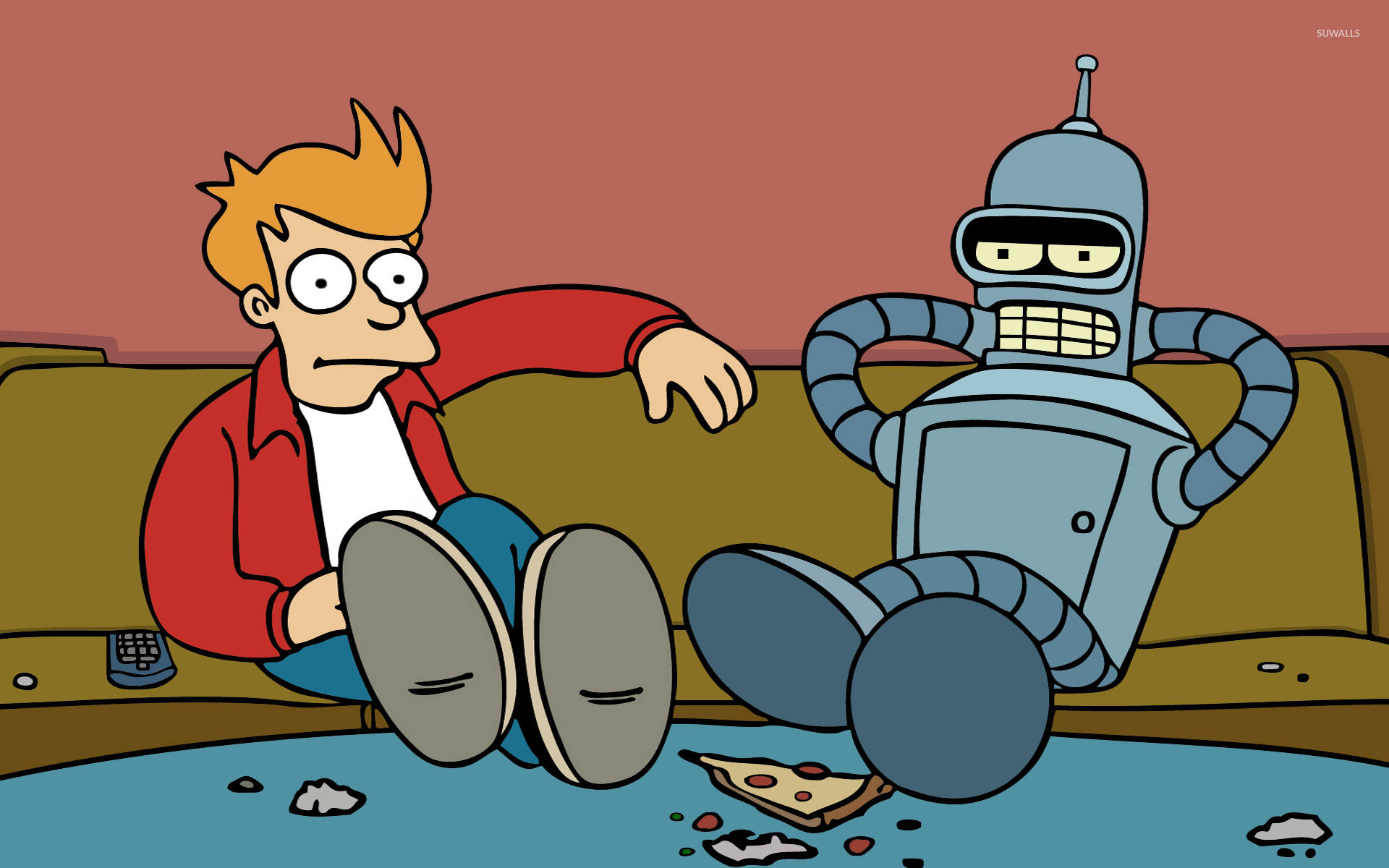 Futurama 桌布 壁紙 — 未來卡通角色在沙發上放鬆，周圍散落著披薩碎屑。
