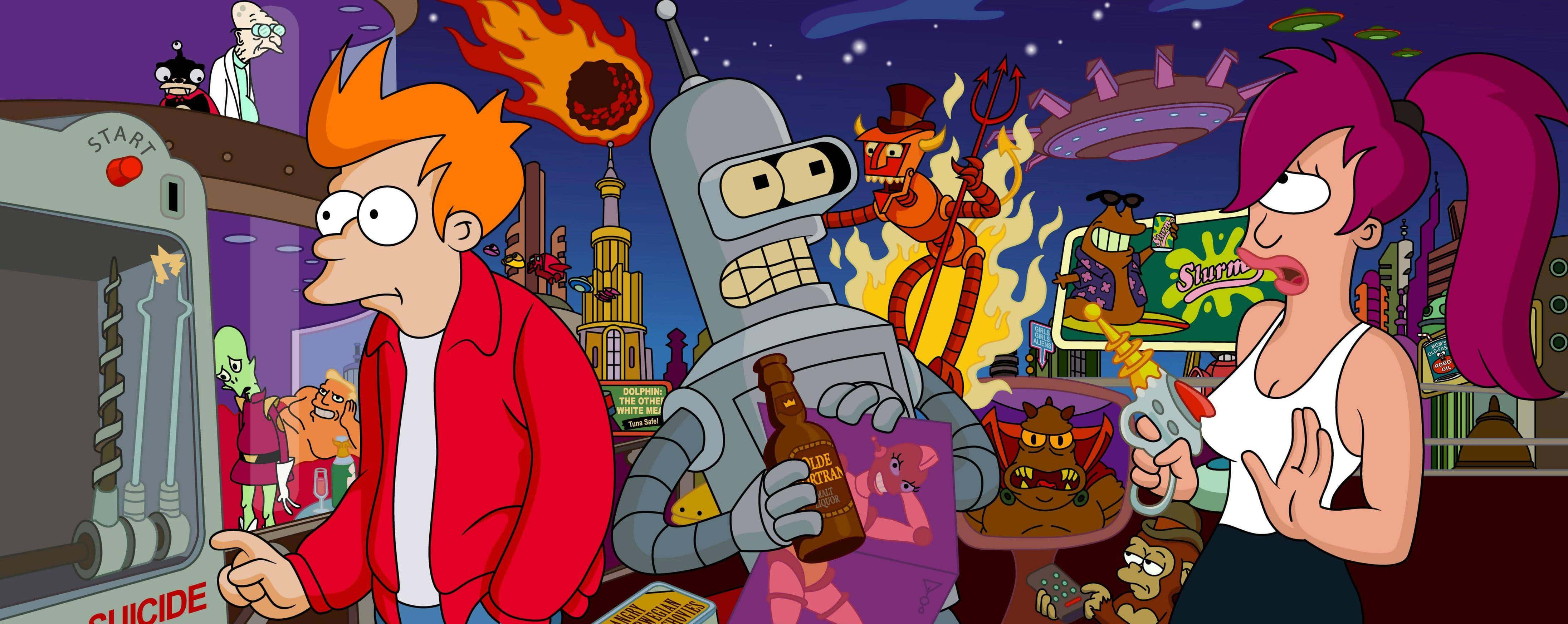 Futurama 桌布 壁紙 — 未來卡通角色身處混亂的夜晚場景，充滿火焰和外星元素。