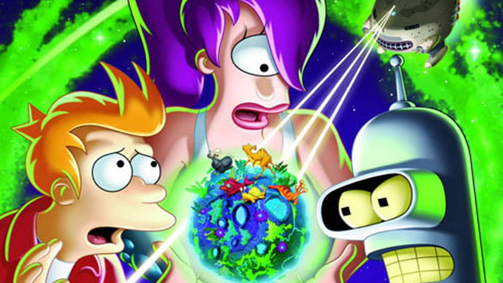Futurama 桌布 壁紙 — 未來卡通角色震驚地看著一個發光的外星行星漂浮在他們和一個懸浮機器人之間。