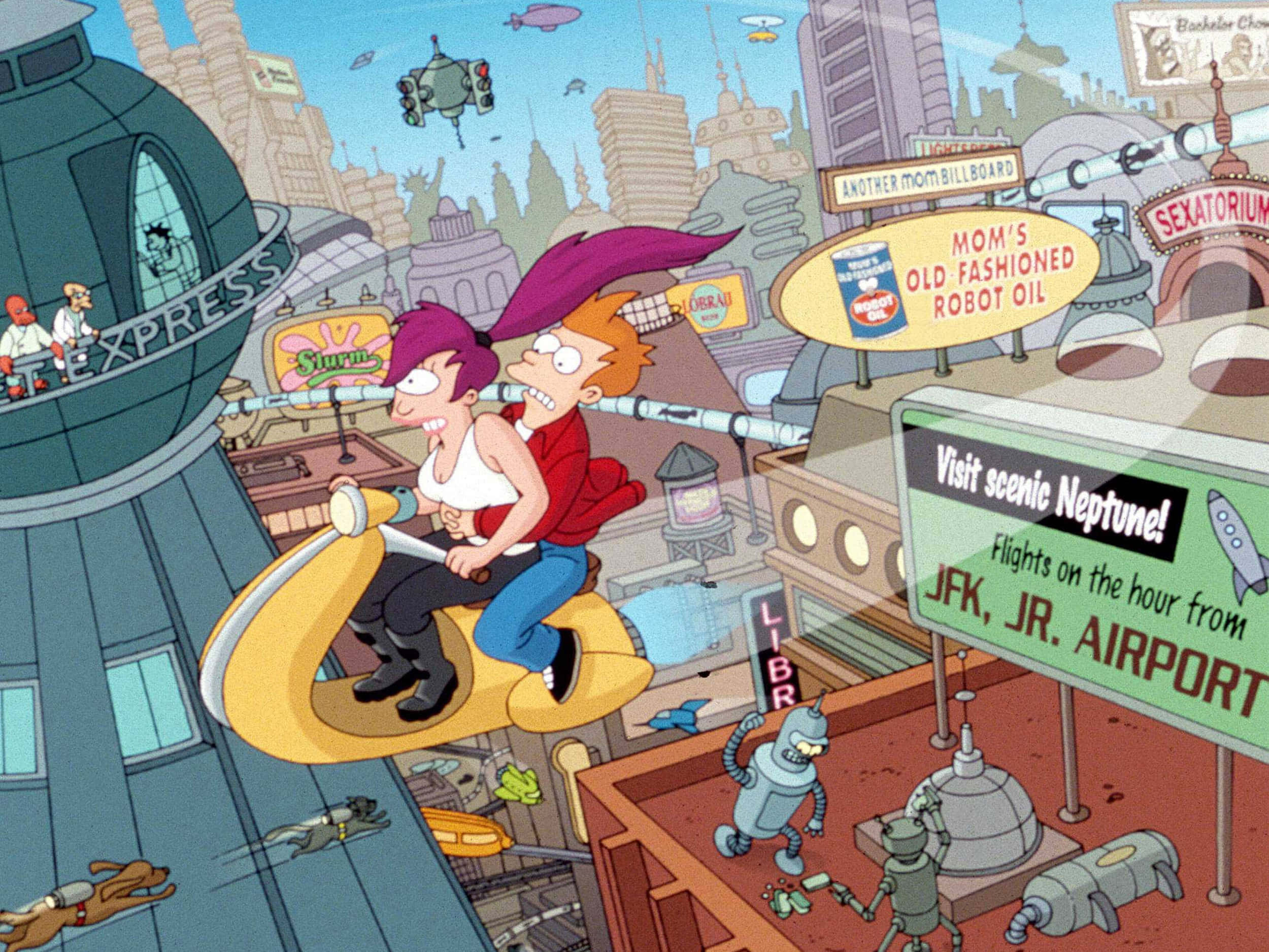 Futurama 桌布 壁紙 — 未來卡通角色騎著飛行滑板穿梭於繁忙的科幻城市景觀中，充滿飛行車輛和霓虹燈牌。