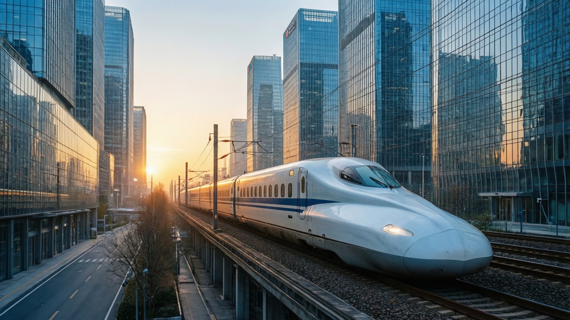 未來啟程 壁紙 — 一列時尚的白色高速列車在現代玻璃摩天大樓峽谷中滑行，太陽在建築物後方升起。