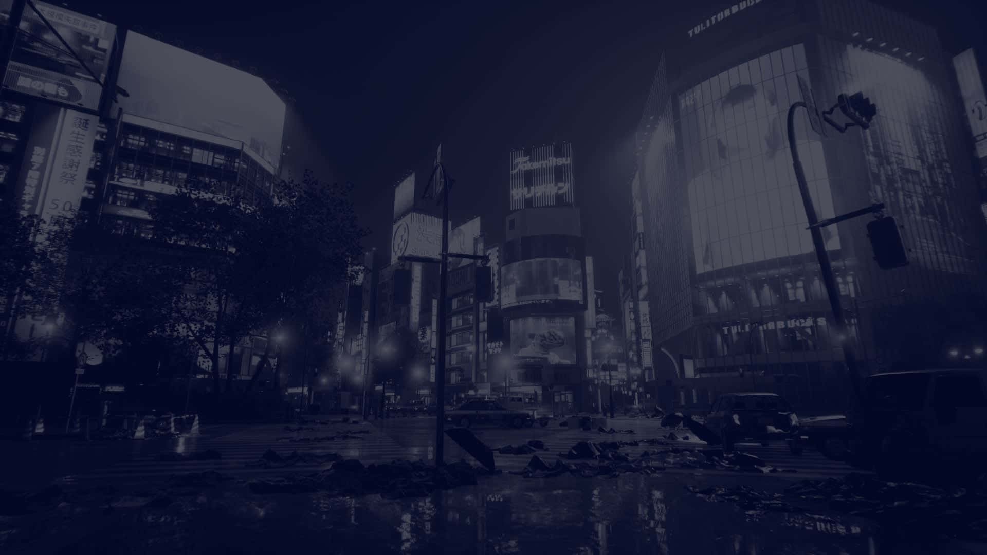 城市 桌布 壁紙 — 未來城市中一個漆黑的雨夜，霓虹燈牌在濕漉漉的人行道上反射，街道上散落著碎片。