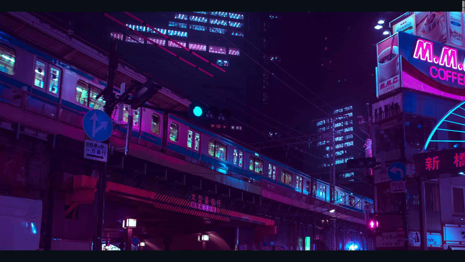 東京 桌布 壁紙 — 未來城市中充滿霓虹燈的夜景，一列發光的火車穿過一條繁忙的街道，街道上滿是鮮豔的招牌和高聳的建築物。