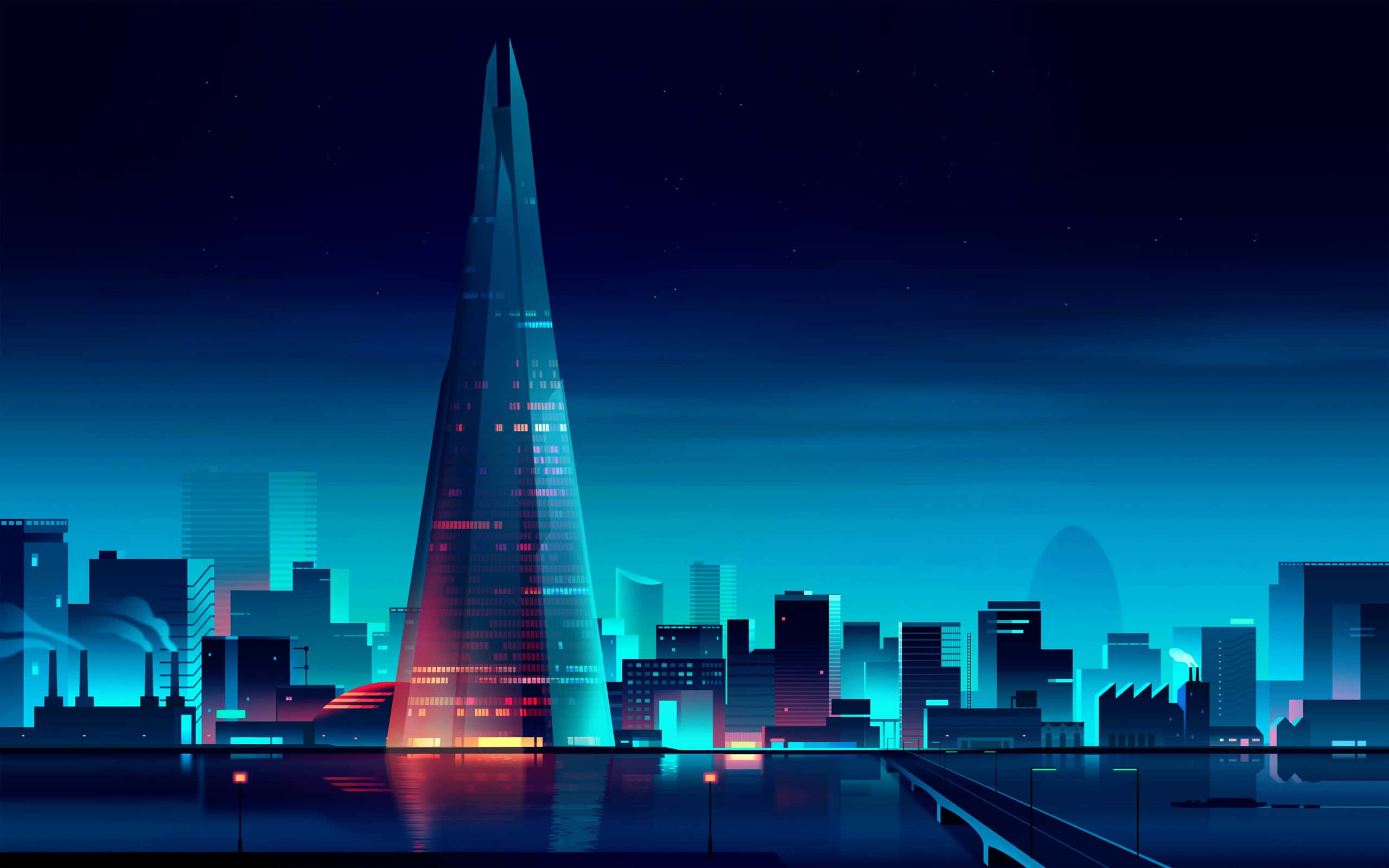 Future Desktop 桌布 壁紙 — 未來城市夜景，一座高聳的玻璃摩天大樓在繁星點點的黑暗天空中閃爍著藍色和紅色的光芒。