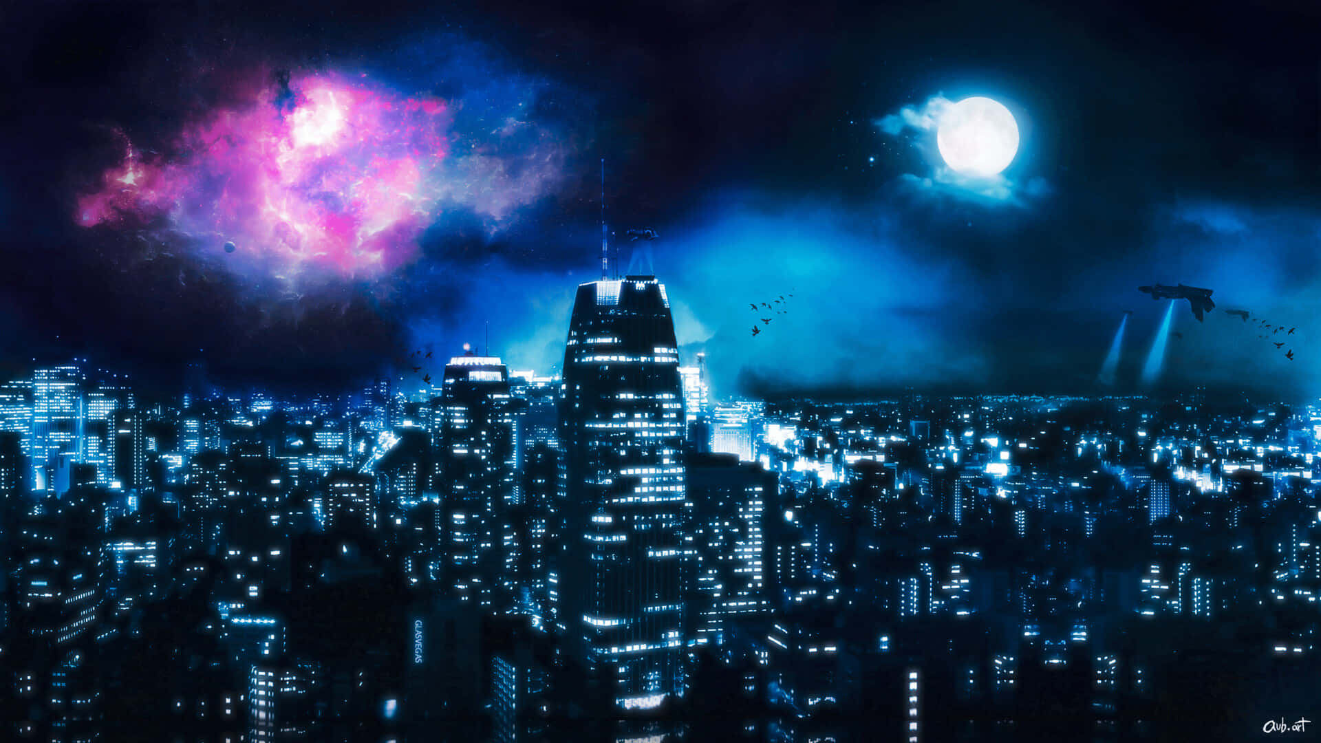 夜景城市 桌布 壁紙 — 未來城市夜景，天空中有發光的月亮和鮮豔的粉紅色星雲。