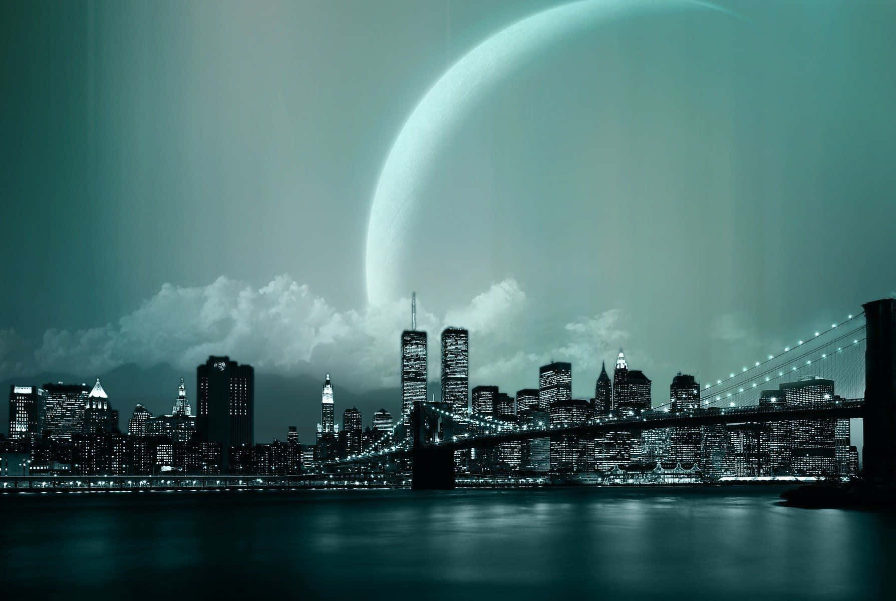 Moonlight 桌布 壁紙 — 未來城市夜景，巨大發光的彎月下，帶有青綠色和黑色色調。