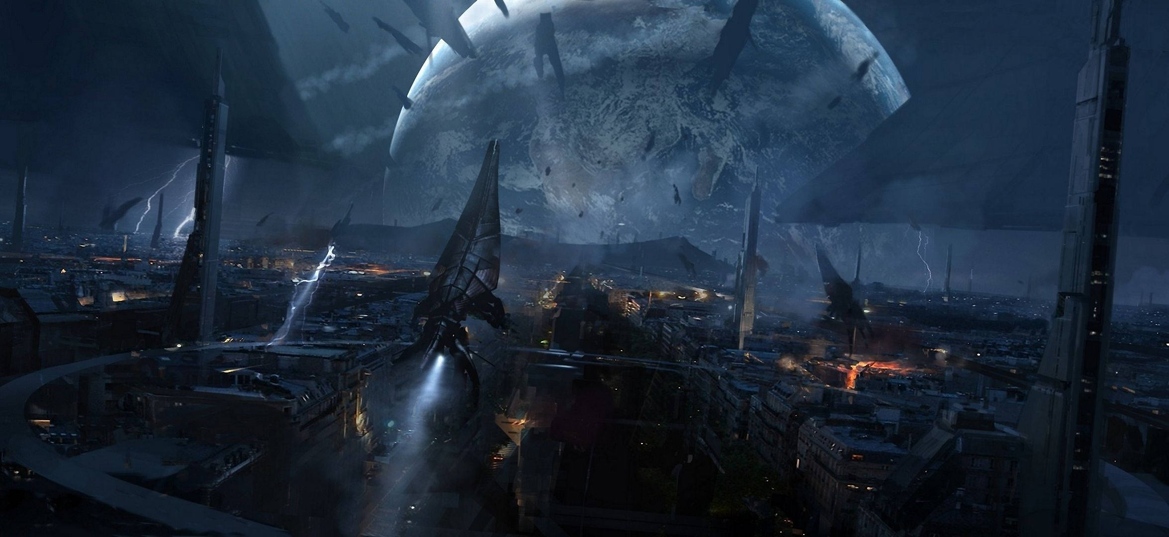 Mass Effect 3 桌布 壁紙 — 未來城市夜景，巨大破碎月亮下，飛船和閃電照亮摩天大樓。