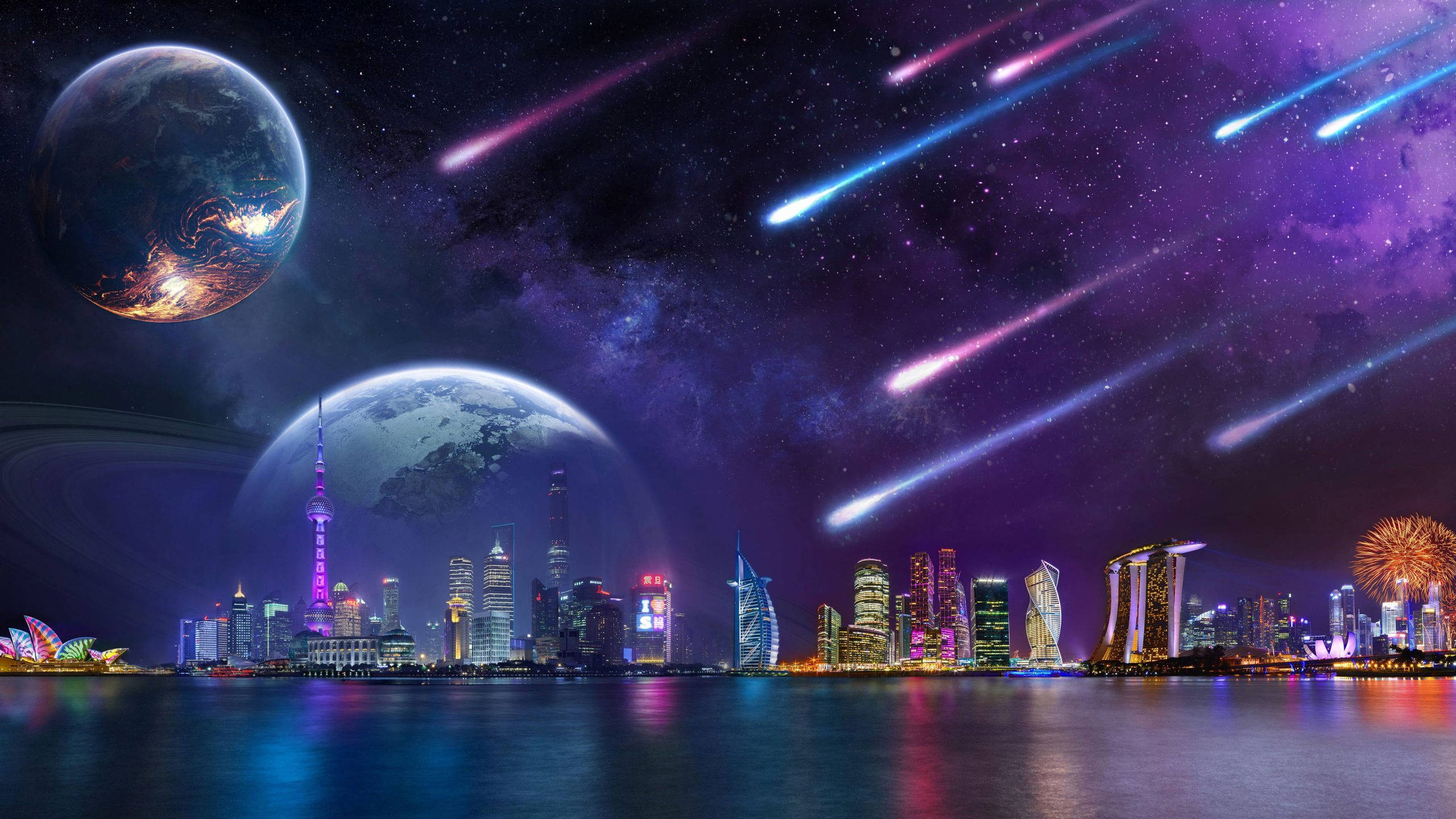 lights 桌布 壁紙 — 未來城市夜景，發光的摩天大樓、五彩繽紛的煙火，以及多個行星和流星在充滿活力的紫色宇宙天空中。
