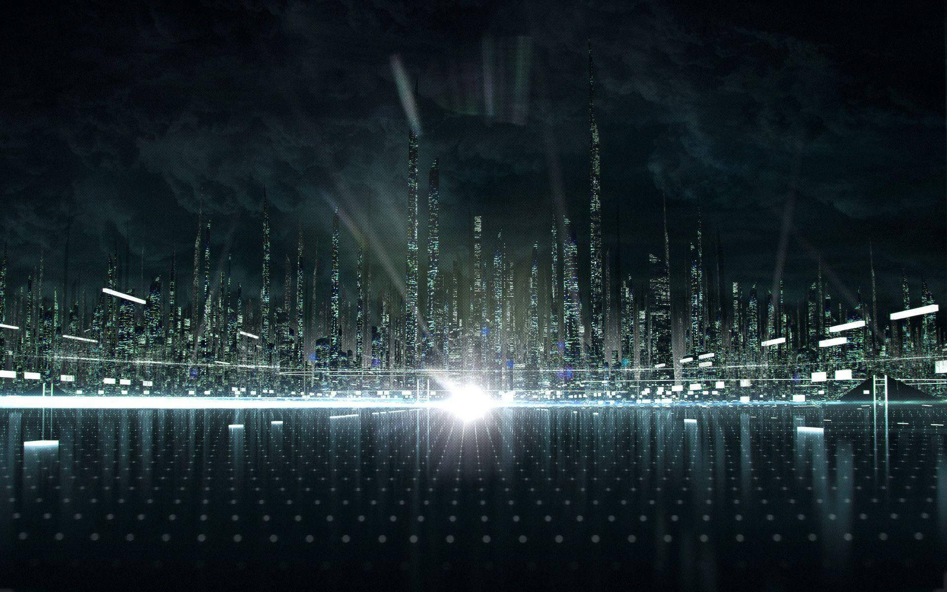 創戰紀 桌布 壁紙 — 未來城市夜景，發光的摩天大樓在數位水面上倒映，下方是黑暗的暴風雲。