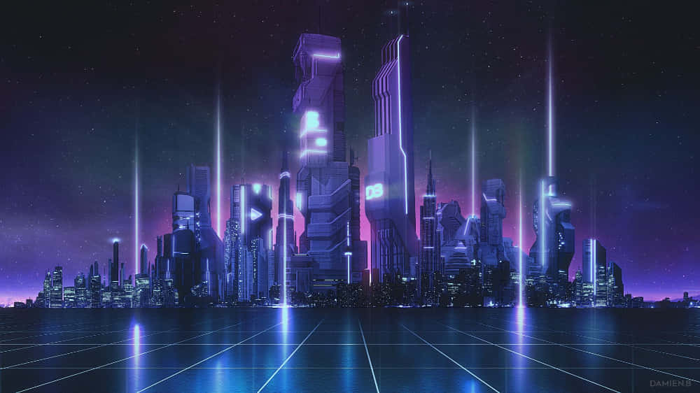 Future City 桌布 壁紙 — 未來城市夜景，發光霓虹塔在星紫色天空下的網格狀水面上反射。