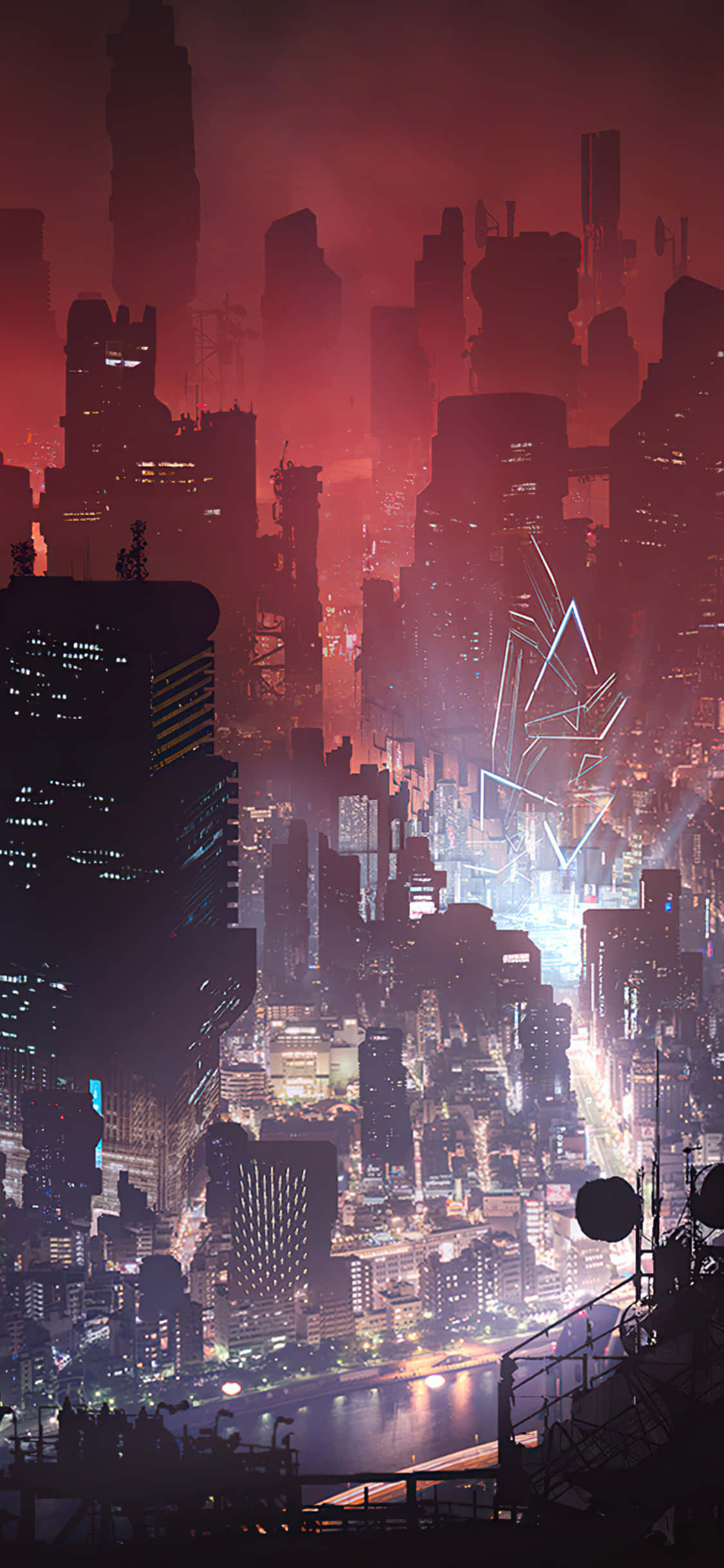 Cyberpunk Night City 桌布 壁紙 — 未來城市夜景，籠罩在紅色光芒中，霓虹燈閃爍，摩天大樓高聳入雲。