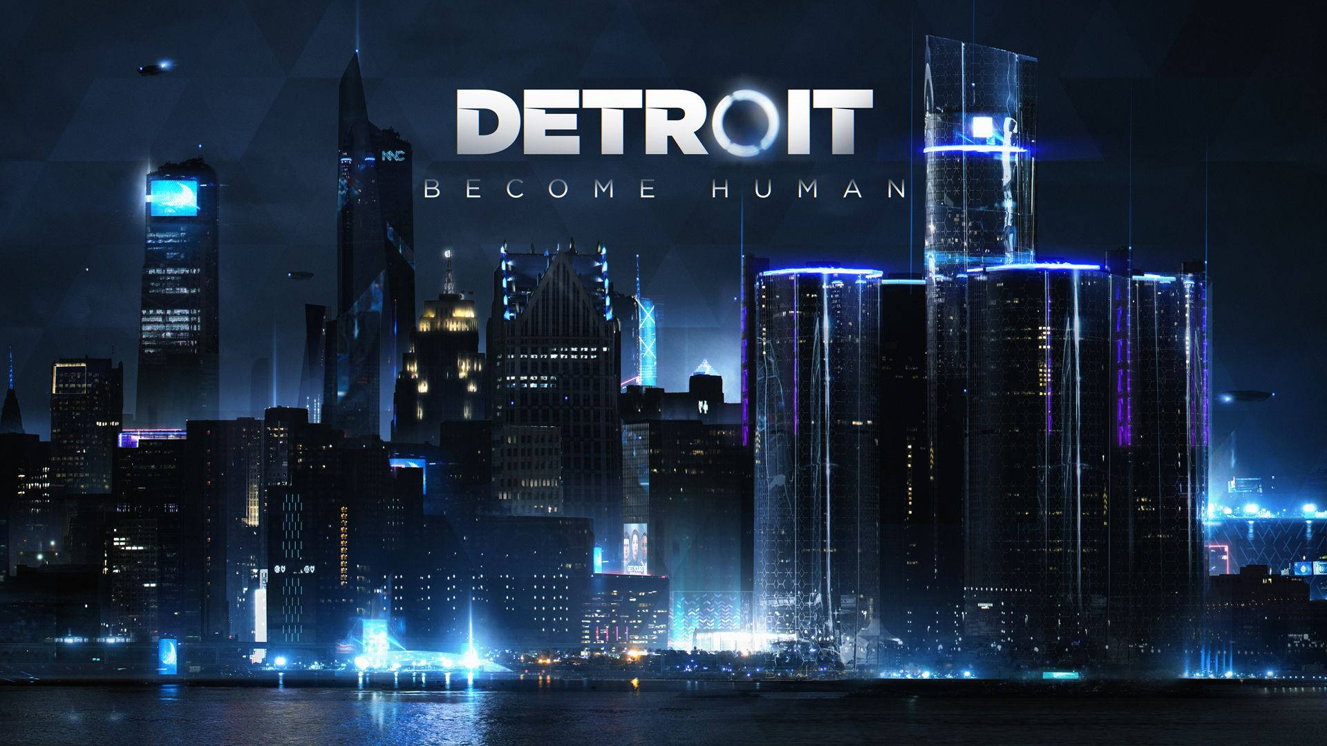 detroit 桌布 壁紙 — 未來城市夜景，藍色和紫色霓虹燈在水面上閃爍反射。