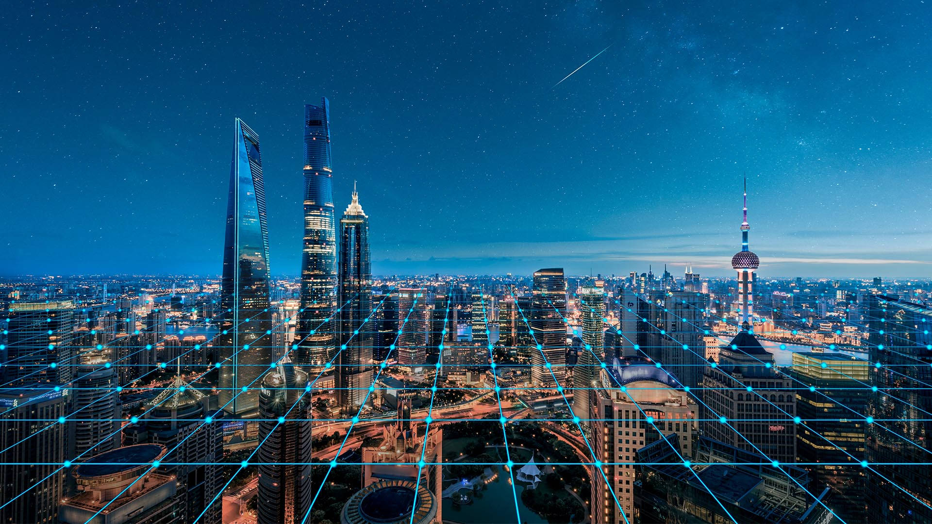 Beijing 桌布 壁紙 — 未來城市夜景，閃爍的摩天大樓和數位網格覆蓋在星空下。