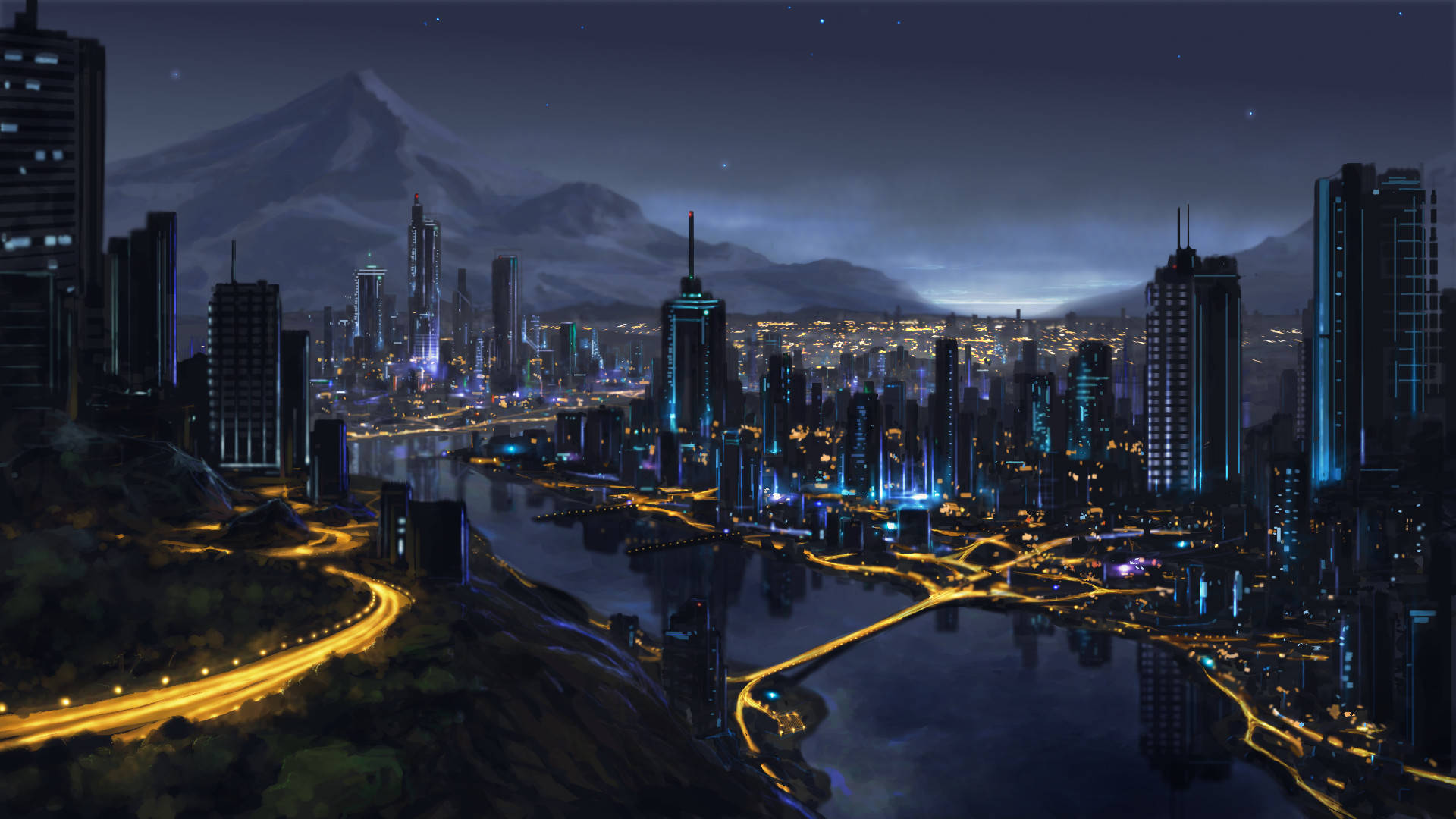 City At Night 桌布 壁紙 — 未來城市夜景，閃爍的摩天大樓與蜿蜒的高速公路，星空下遠方有座雪山。