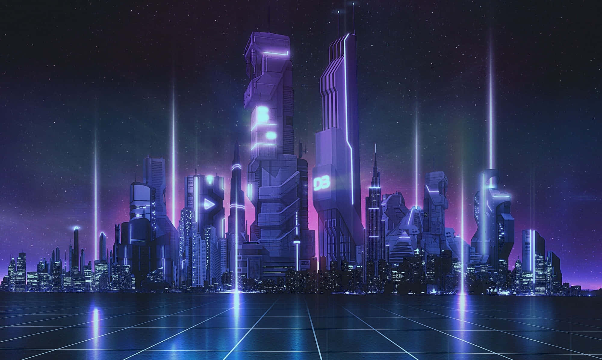 Future 桌布 壁紙 — 未來城市夜景，閃爍的霓虹塔和雷射光束在星空的紫色天空下反射在網格狀的潮濕路面上。