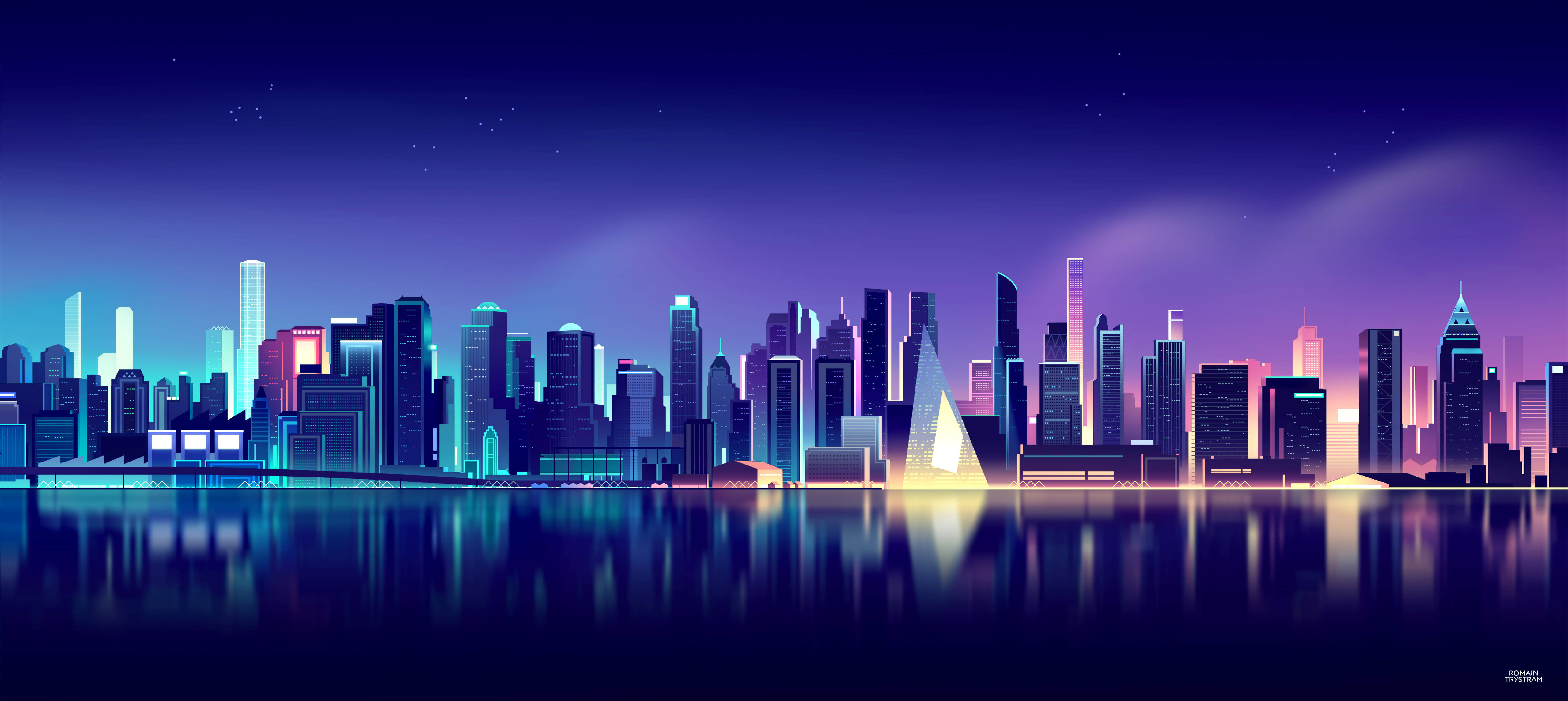 霓虹紫美學 桌布 壁紙 — 未來城市夜景，閃爍的霓虹燈光在平靜的水面上倒映，星空紫色天空下。
