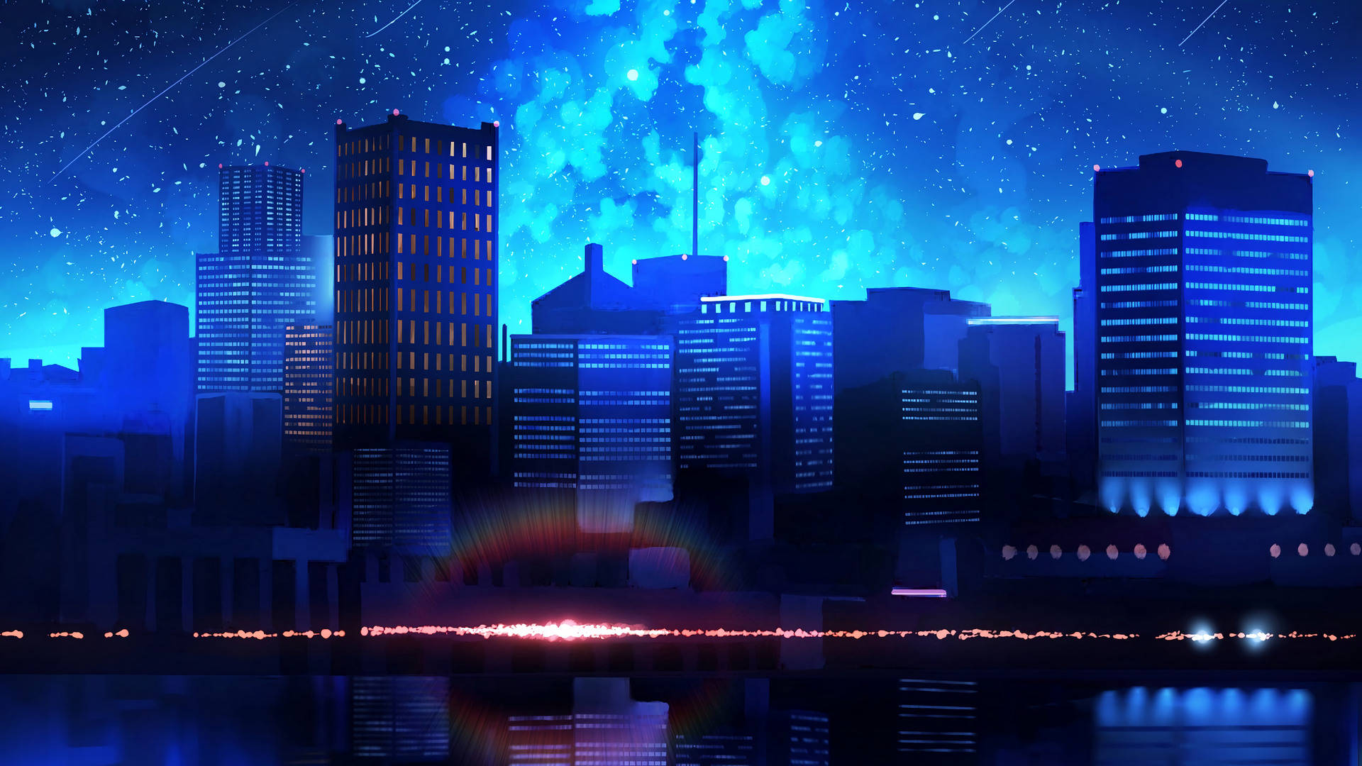 X 桌布 壁紙 — 未來城市夜景，閃爍藍色摩天大樓倒映在水中，上方是繁星點點的宇宙天空。