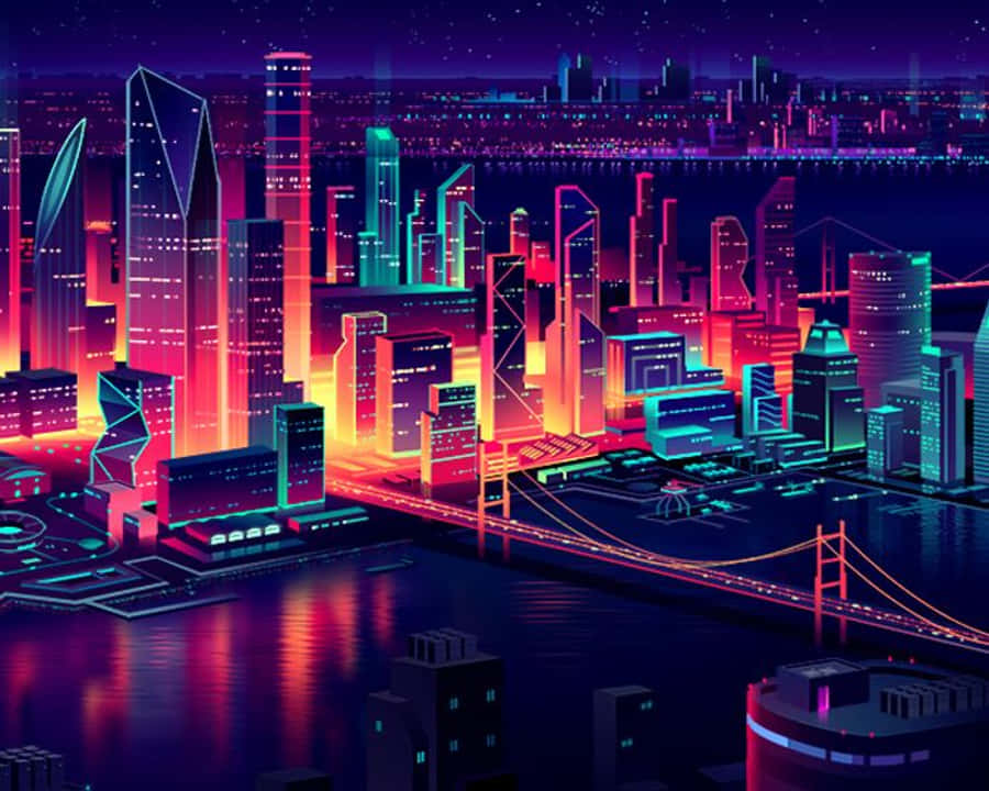 桌布 壁紙 — 未來城市夜景，霓虹粉紅、橙色和青色燈光在繁星點點的紫色天空下倒映在水面上。