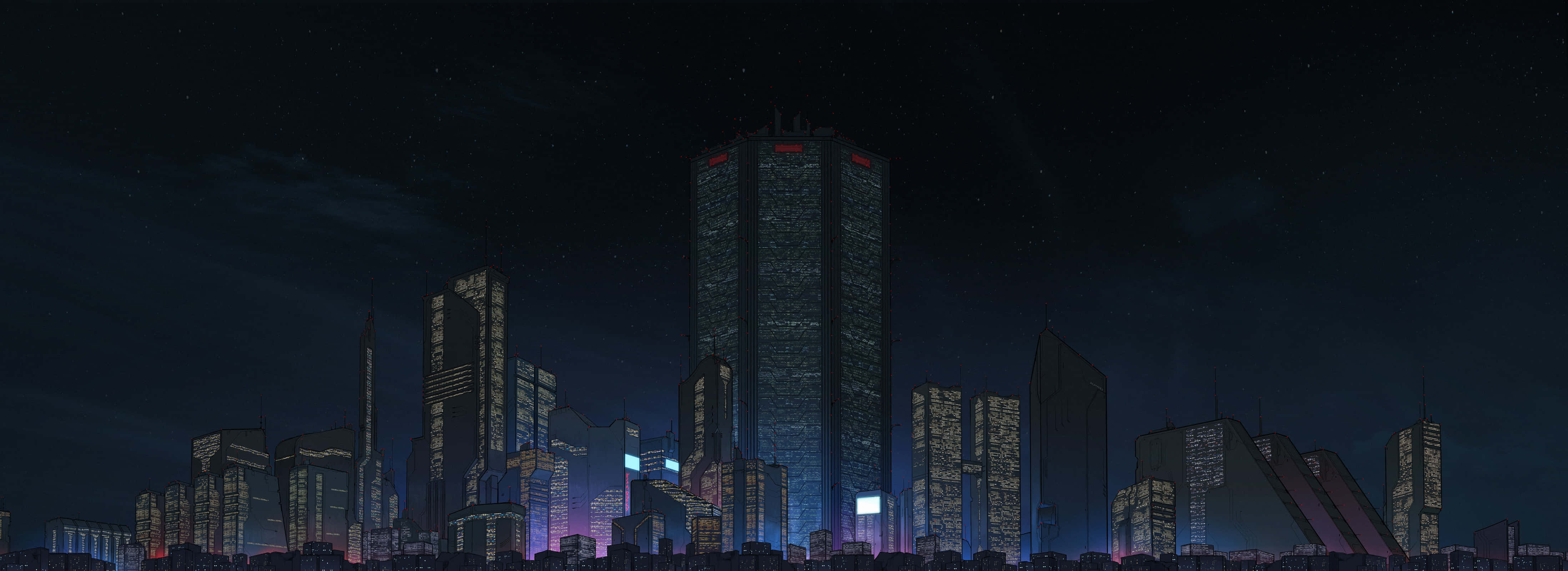 Ultra Wide 桌布 壁紙 — 未來城市夜景，高聳的摩天大樓在星空下閃爍著霓虹燈光。