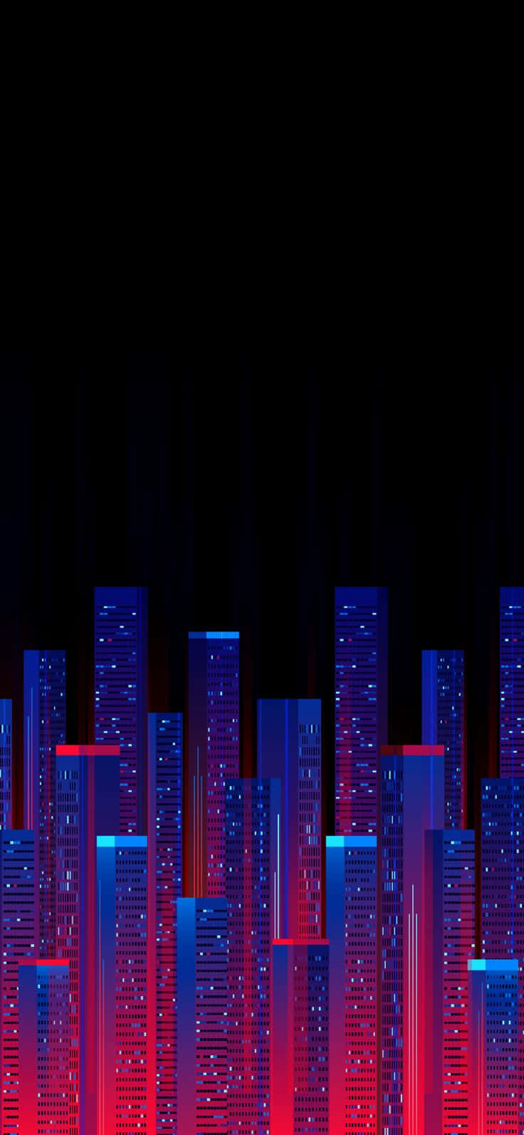 Buildings 桌布 壁紙 — 未來城市夜景，高聳的摩天大樓在黑色天空中閃爍著鮮豔的紅色和藍色霓虹燈光。