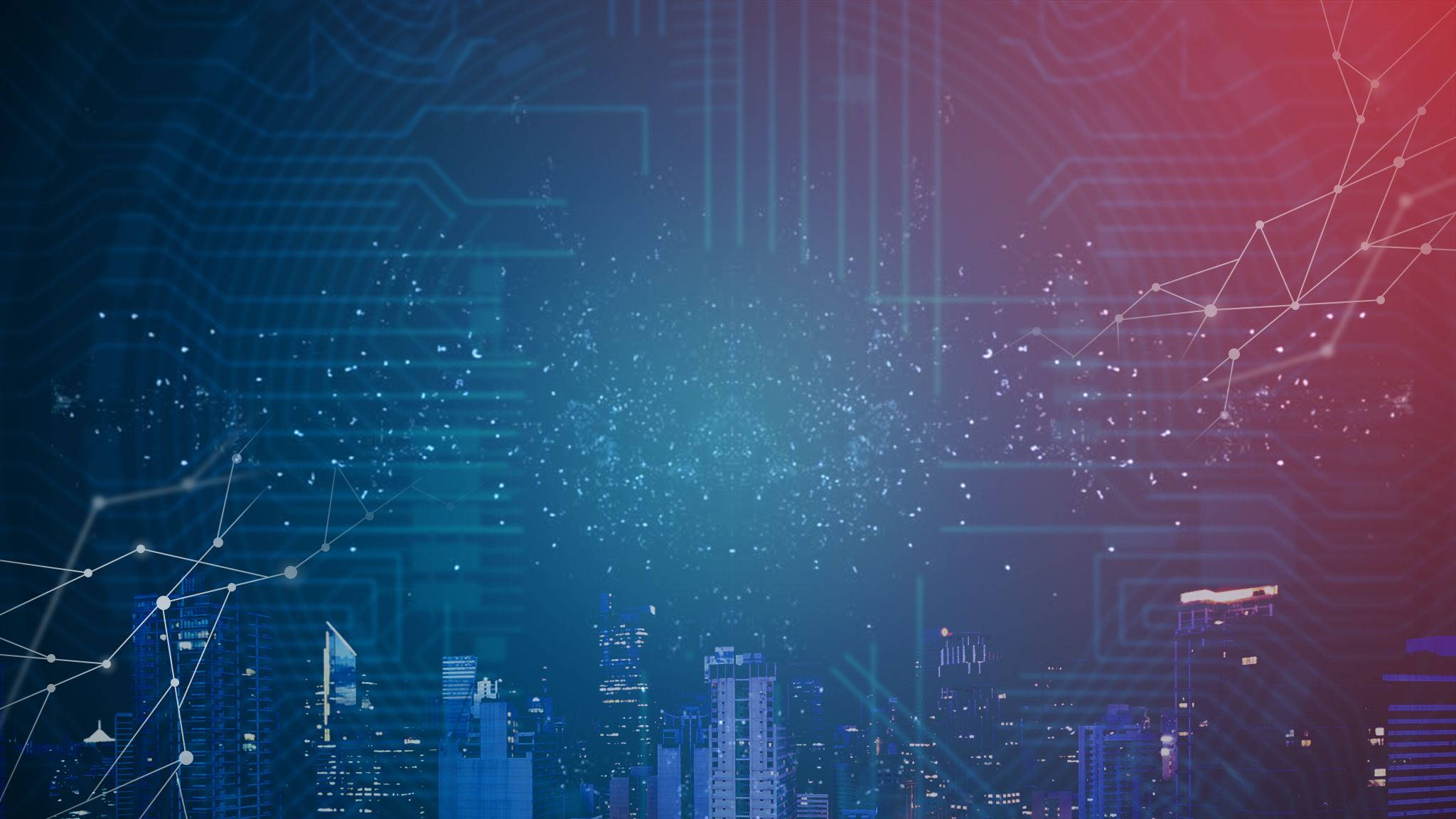 Blockchain 桌布 壁紙 — 未來城市夜景天際線，覆蓋著藍色和紅色的發光電路板圖案及數位粒子效果。