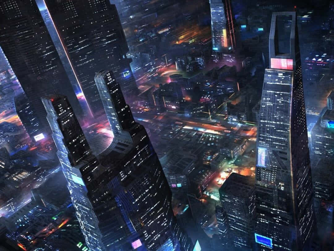 Future City 桌布 壁紙 — 未來城市夜景的鳥瞰圖，高聳的摩天大樓閃爍著霓虹燈和充滿活力的街道照明。