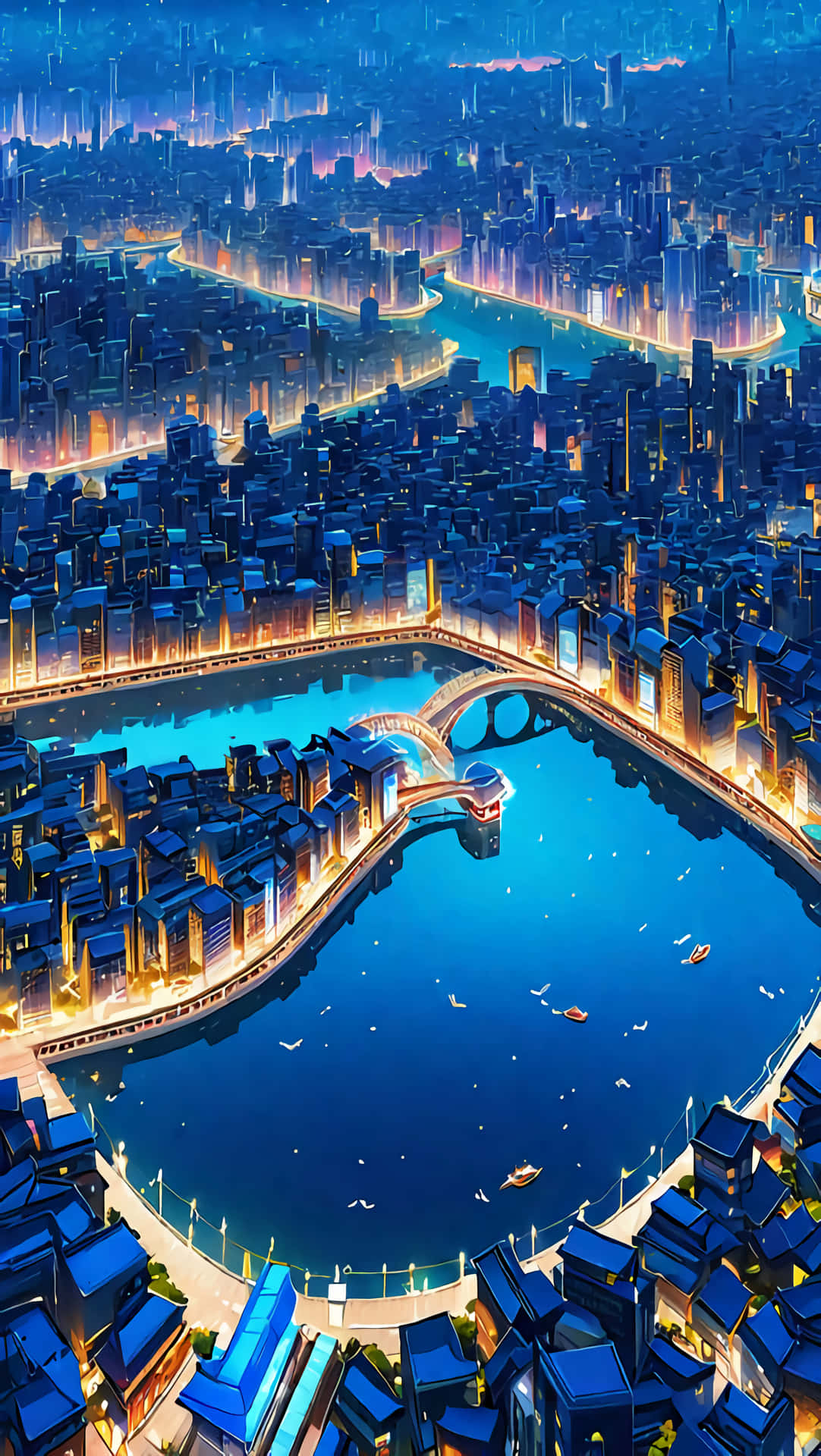 Colorful Anime village Wallpaper 壁紙 — 未來城市夜景鳥瞰圖，發光的藍色和金色燈光反射在蜿蜒的河流上，河流上有橋樑和船隻。