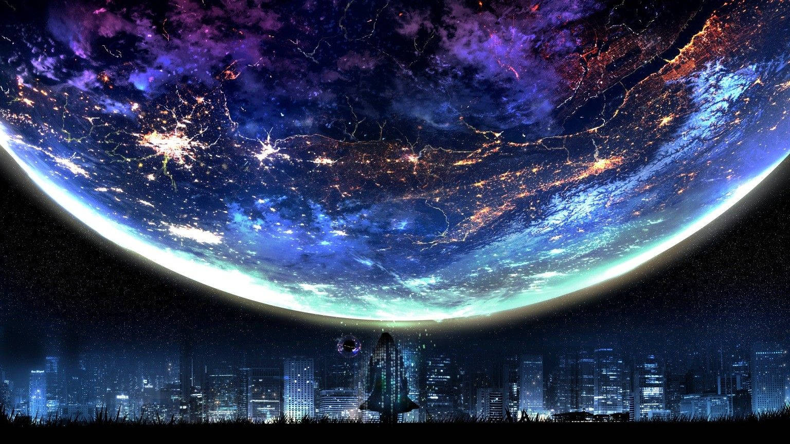 銀河月亮 桌布 壁紙 — 未來城市天際線仰望一顆發光的行星，下方有充滿活力的宇宙雲和閃爍的城市燈光。