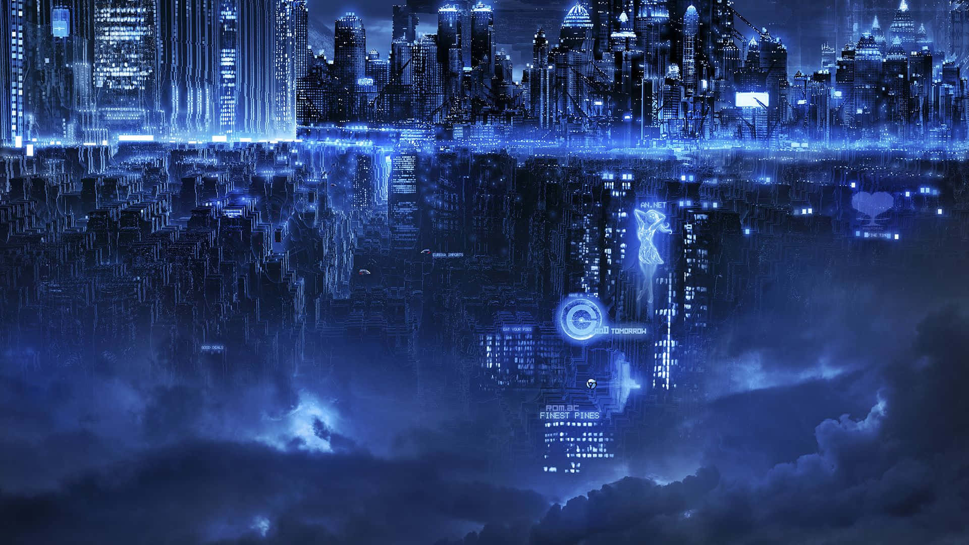 未來城市 桌布 壁紙 — 未來城市天際線倒映在烏雲中，伴隨著發光的藍色霓虹燈和漂浮在空中的數位介面。