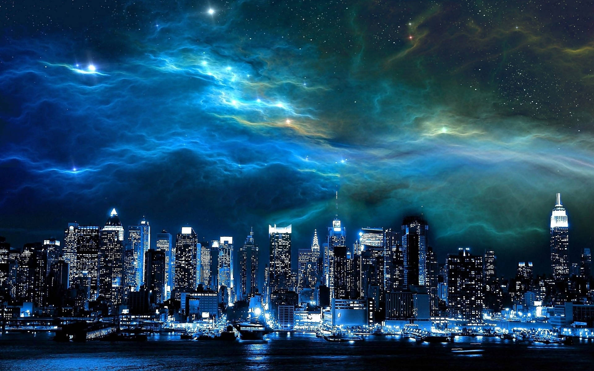 城市天際線在發光的宇宙星雲下夜晚