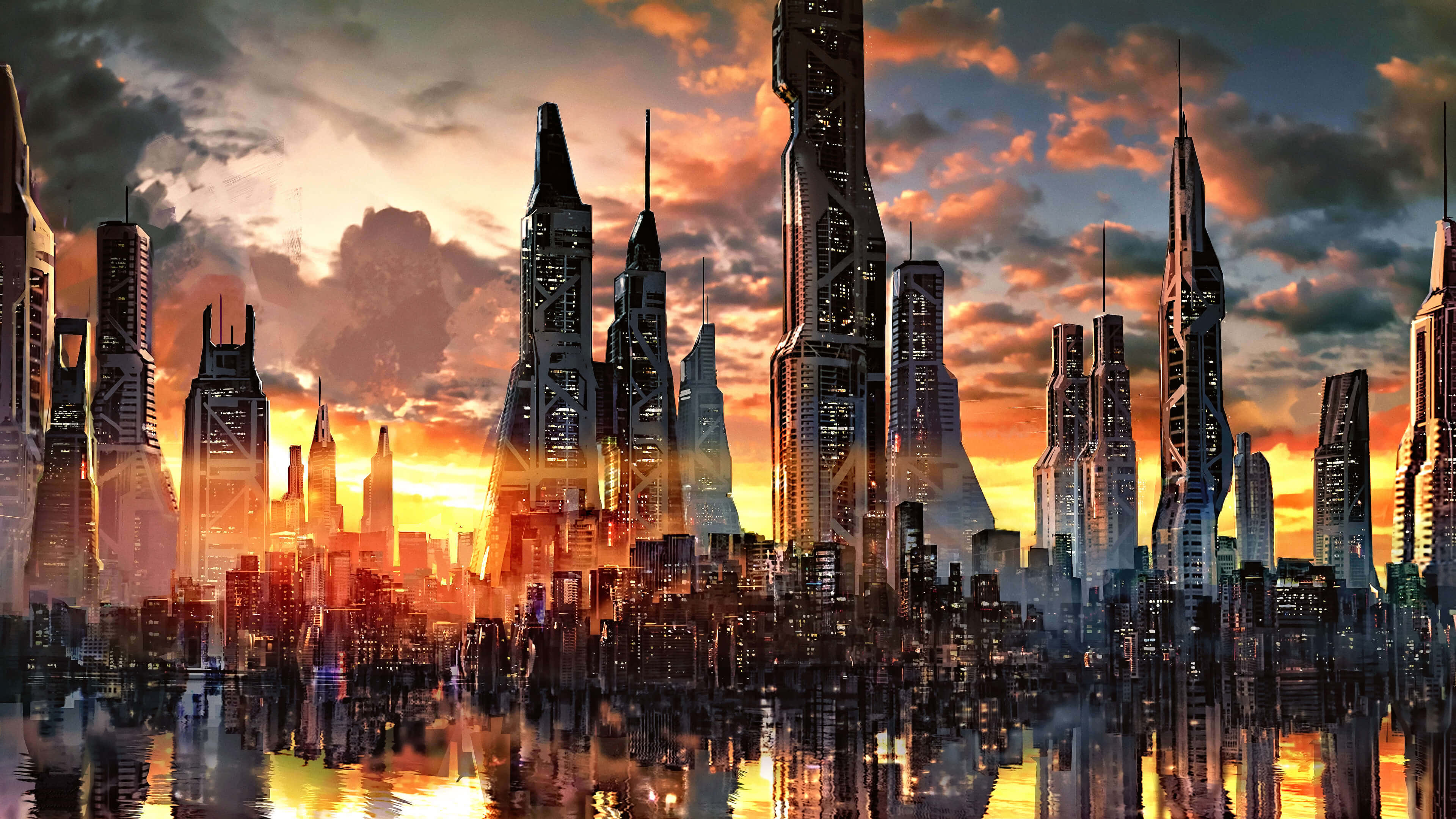 Futuristic City 桌布 壁紙 — 未來城市天際線在日落時分，高聳的摩天大樓倒映在下方水中。