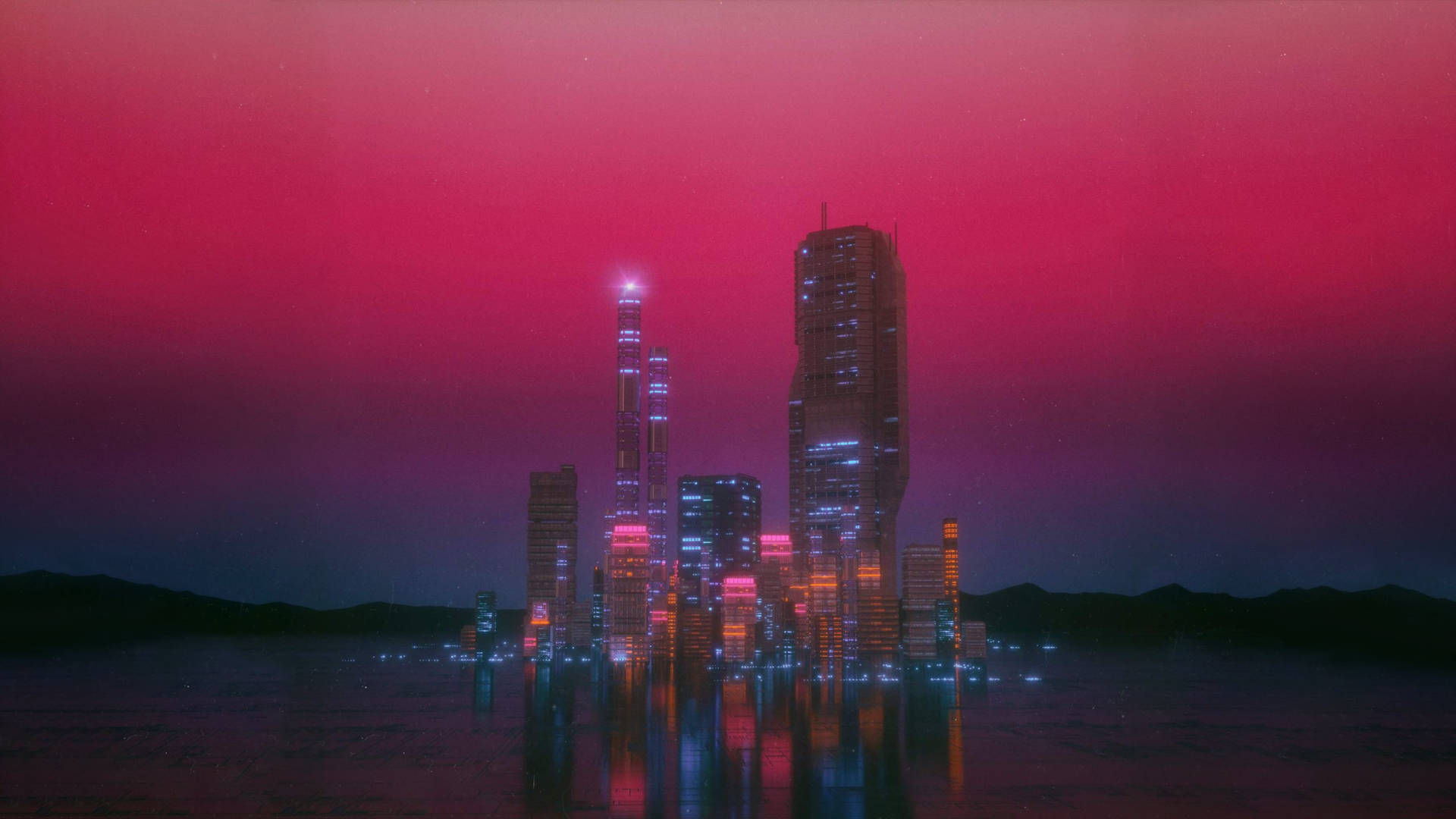 未來城市天際線在夜晚閃爍著霓虹燈光，倒映在紅色天空下的水中。 — 黑暗城市 壁紙