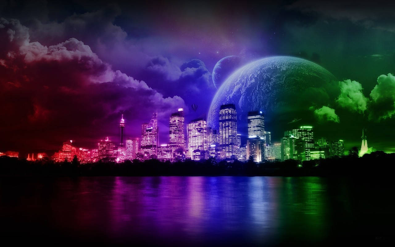 World 桌布 壁紙 — 未來城市天際線在超現實的天空下，霓虹燈光在水面上閃爍，並有漂浮的行星。
