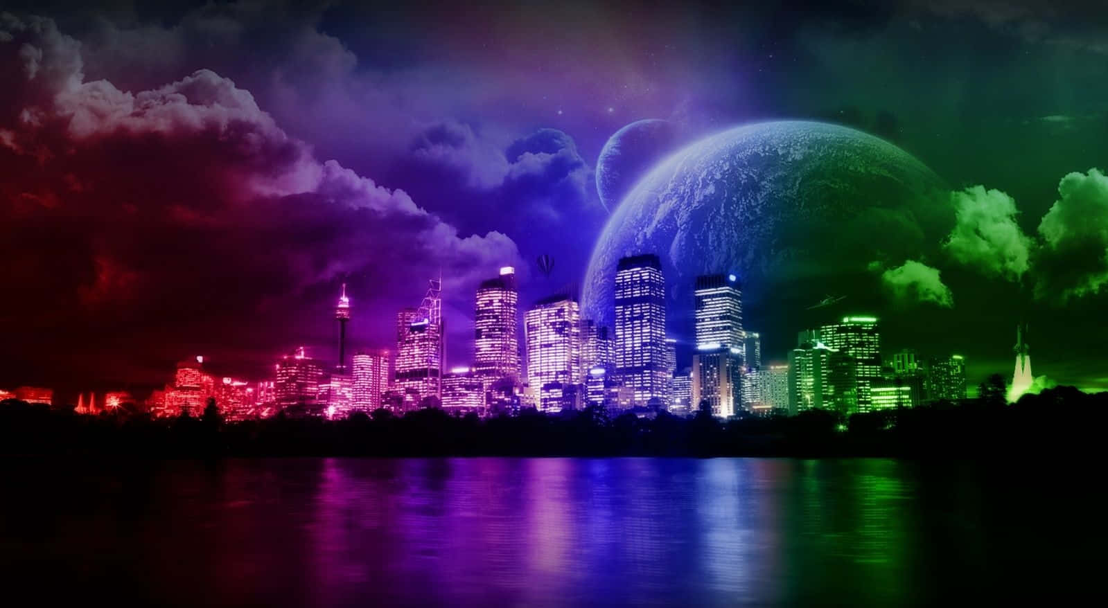 dreams 桌布 壁紙 — 未來城市天際線在霓虹燈下閃耀，天空超現實，有巨大行星和漩渦雲。