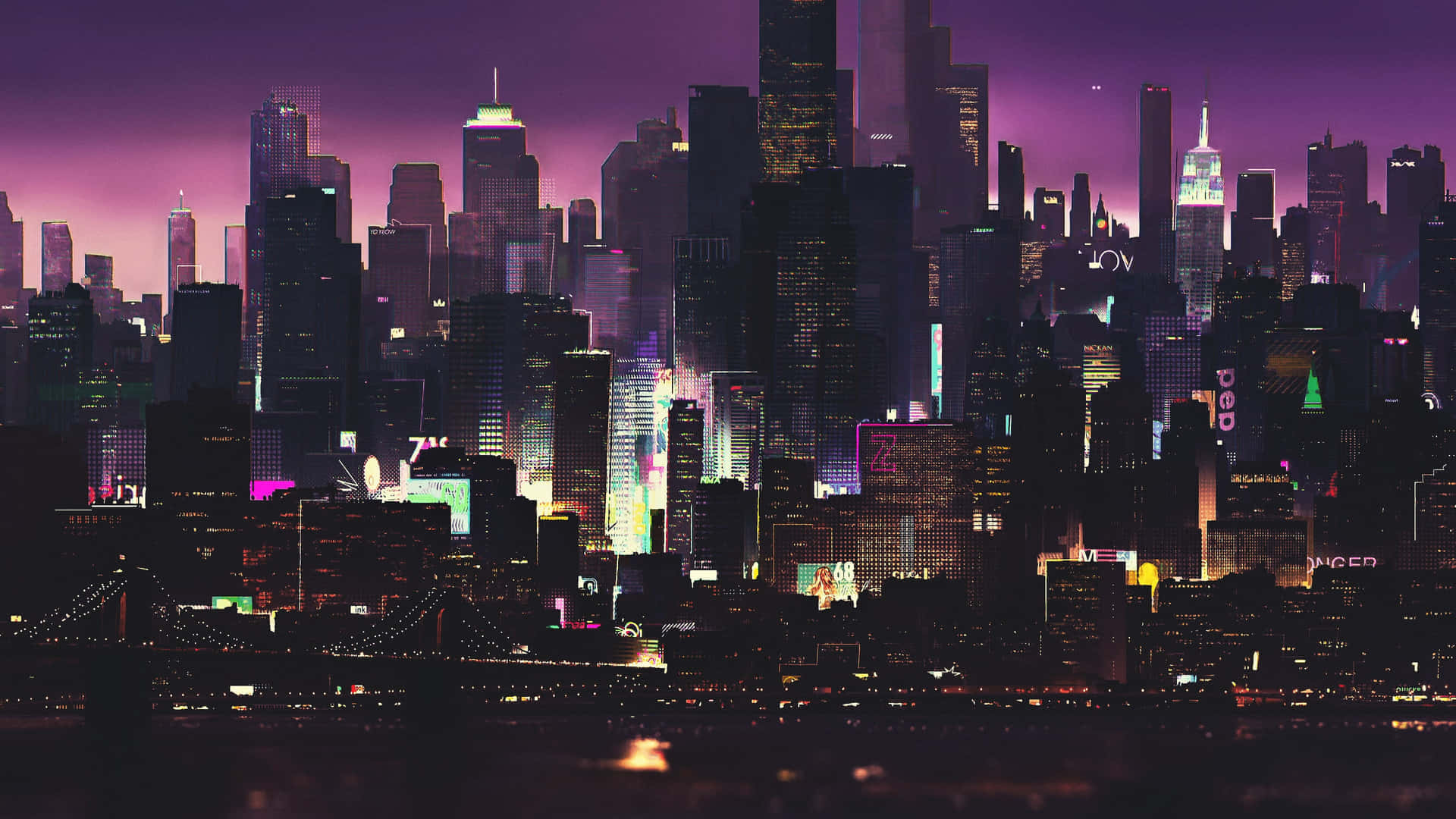Dark Cyberpunk 桌布 壁紙 — 未來城市天際線在黃昏時分，霓虹燈發出紫色、粉紅色和藍色的光芒，映襯著高聳的摩天大樓。