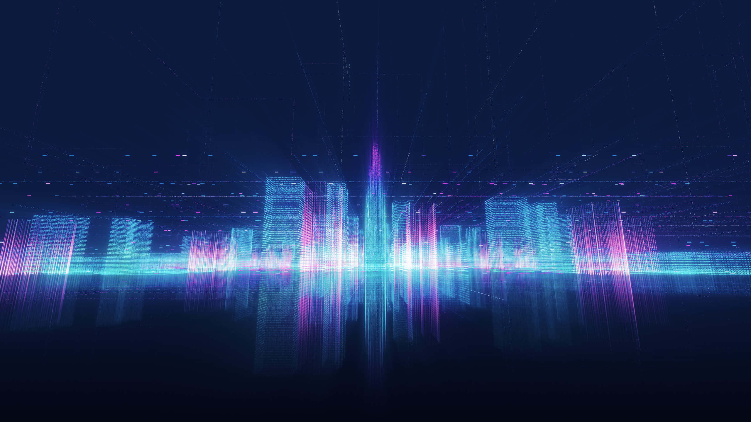 Aesthetic YouTube Banner 桌布 壁紙 — 未來城市天際線在黑暗的夜空中閃爍著霓虹藍和粉紅色的數位光束。