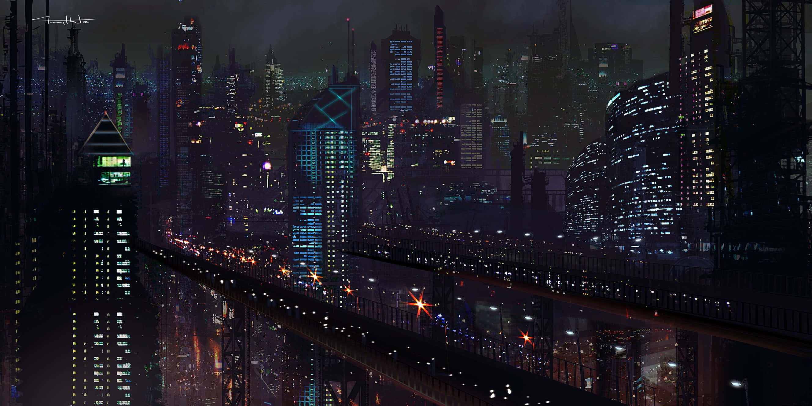 City Night 桌布 壁紙 — 未來城市天際線夜景，閃爍的摩天大樓和橋樑在雨濕的街道上反射霓虹燈光。