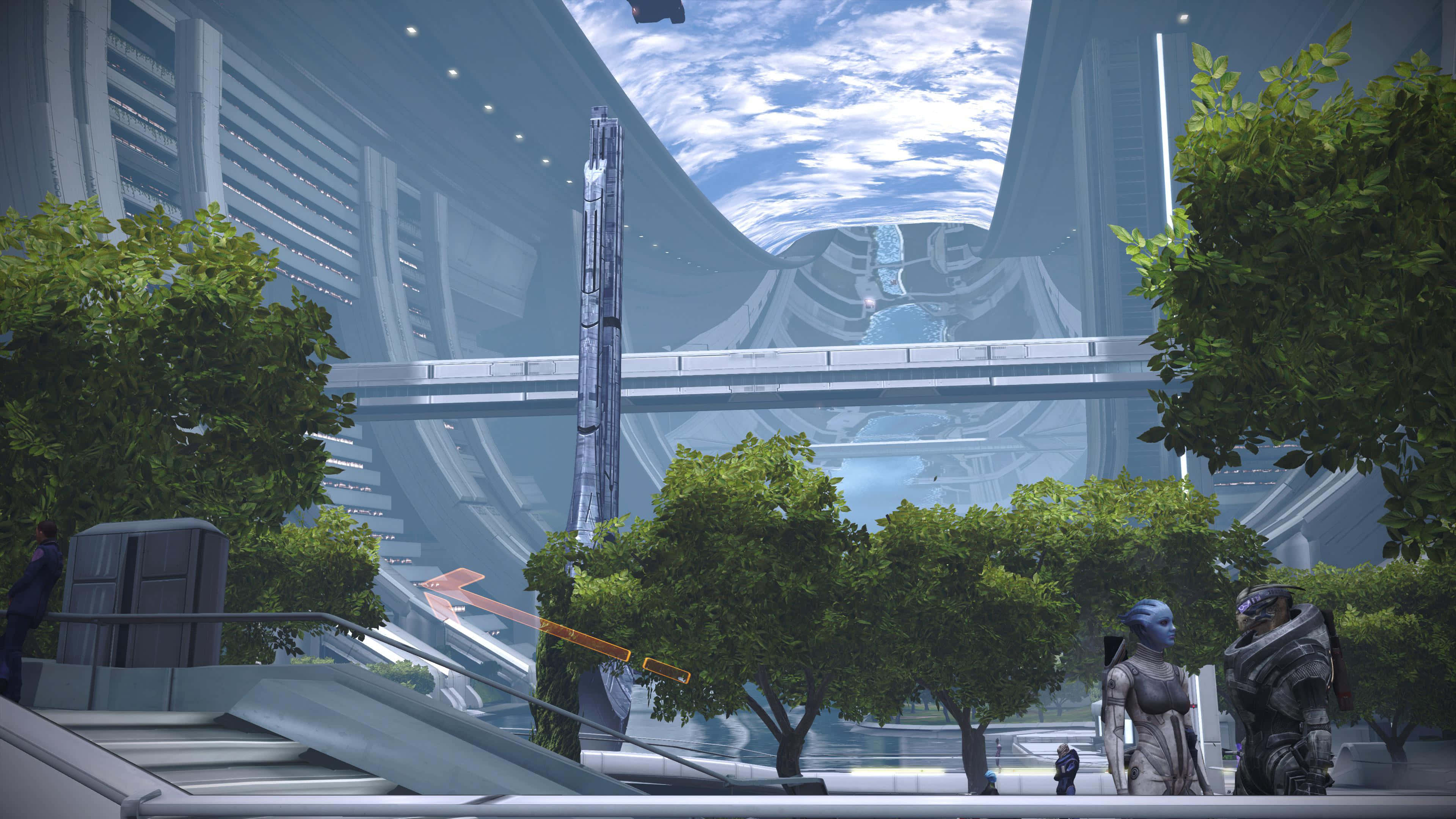 Mass Effect Citadel 桌布 壁紙 — 未來城市廣場，高聳的金屬結構和茂密的綠樹，在明亮的藍天下。