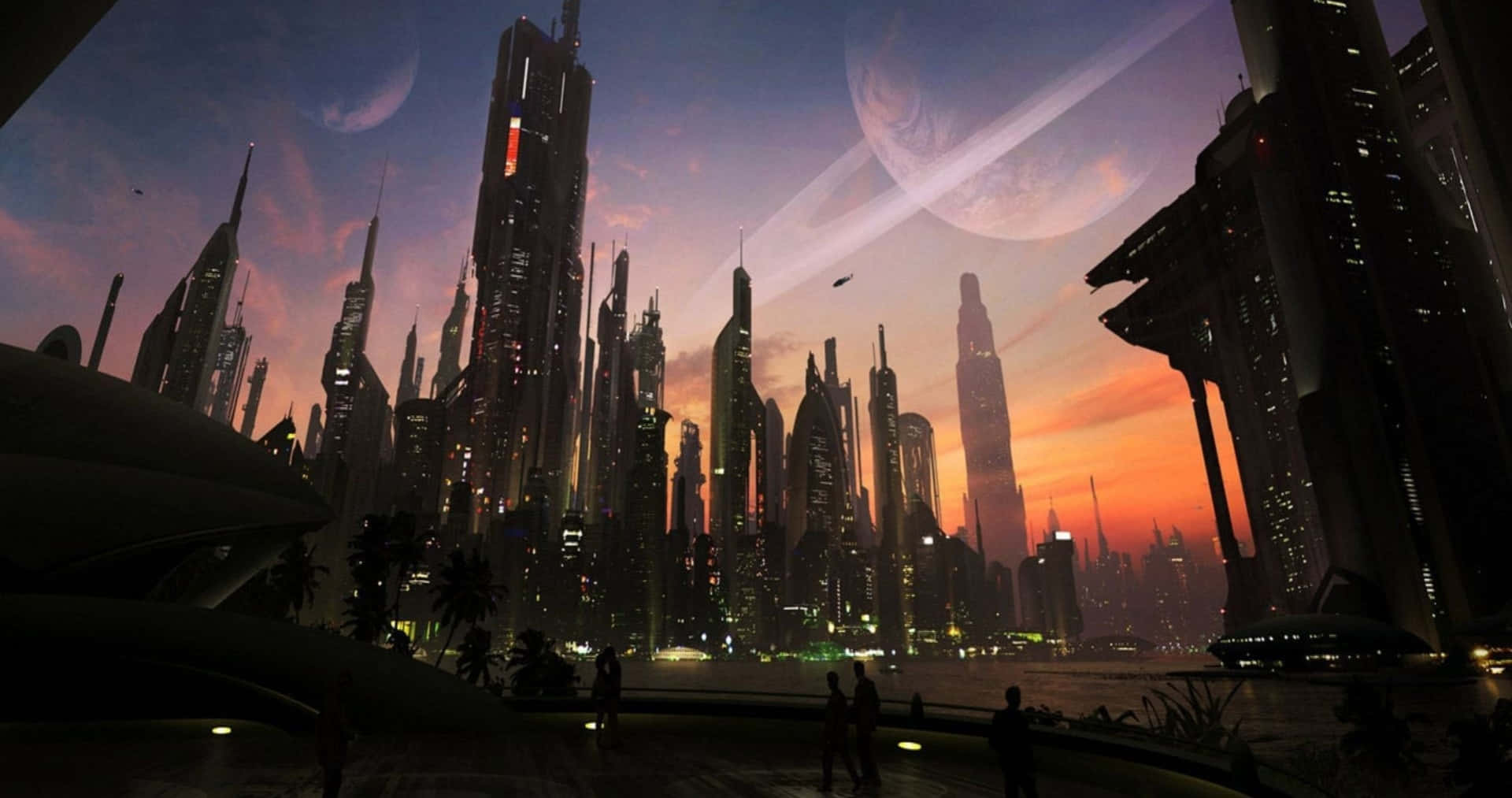 Future 桌布 壁紙 — 未來城市景觀，夕陽下高聳的摩天大樓、閃爍的燈光，以及暮色天空中出現的外星行星。