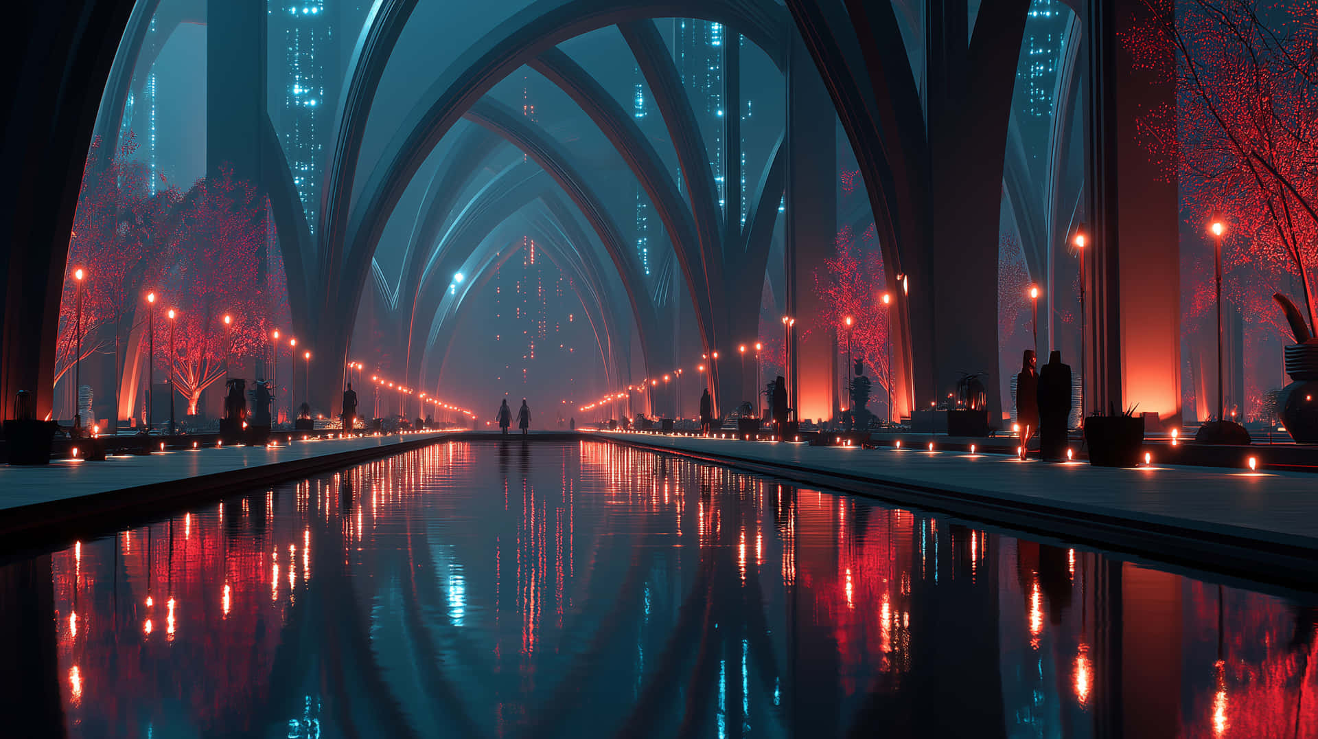 Futuristic Arched Hallway with Reflective Water 壁紙 — 未來城市景觀，拱形結構下的長長水道中反射著發光的紅色樹木和藍色霓虹燈。