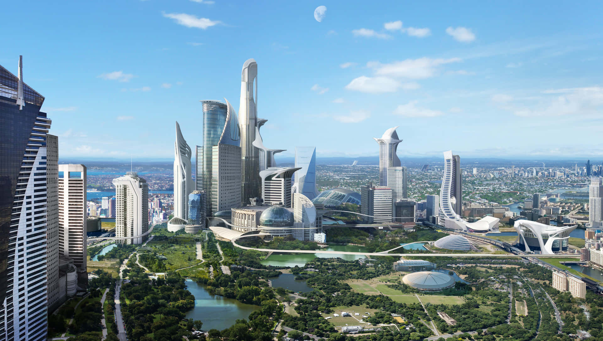 Future City 桌布 壁紙 — 未來城市景觀，擁有時尚的玻璃摩天大樓和綠色公園，在明亮的藍天下有一彎新月。