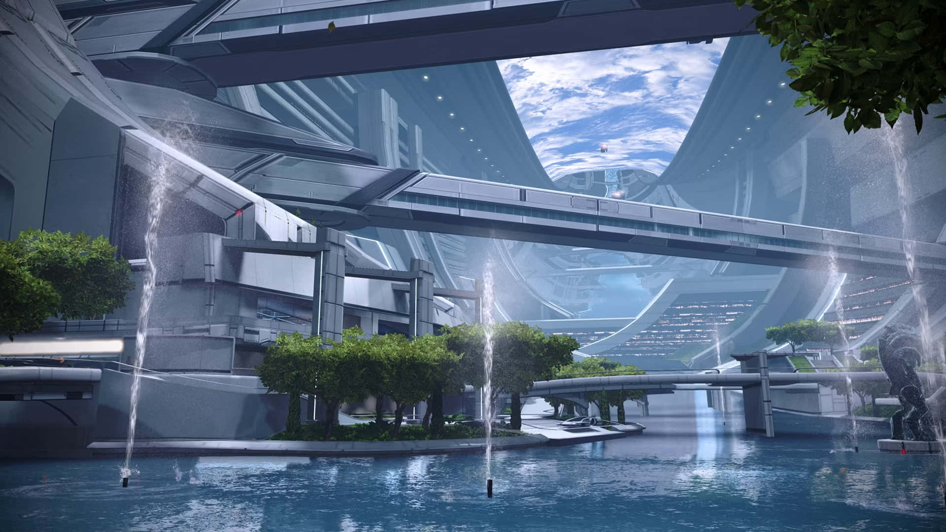 Mass Effect Citadel 桌布 壁紙 — 未來城市景觀，擁有時尚的金屬建築、噴泉和綠樹，在明亮的藍天下。
