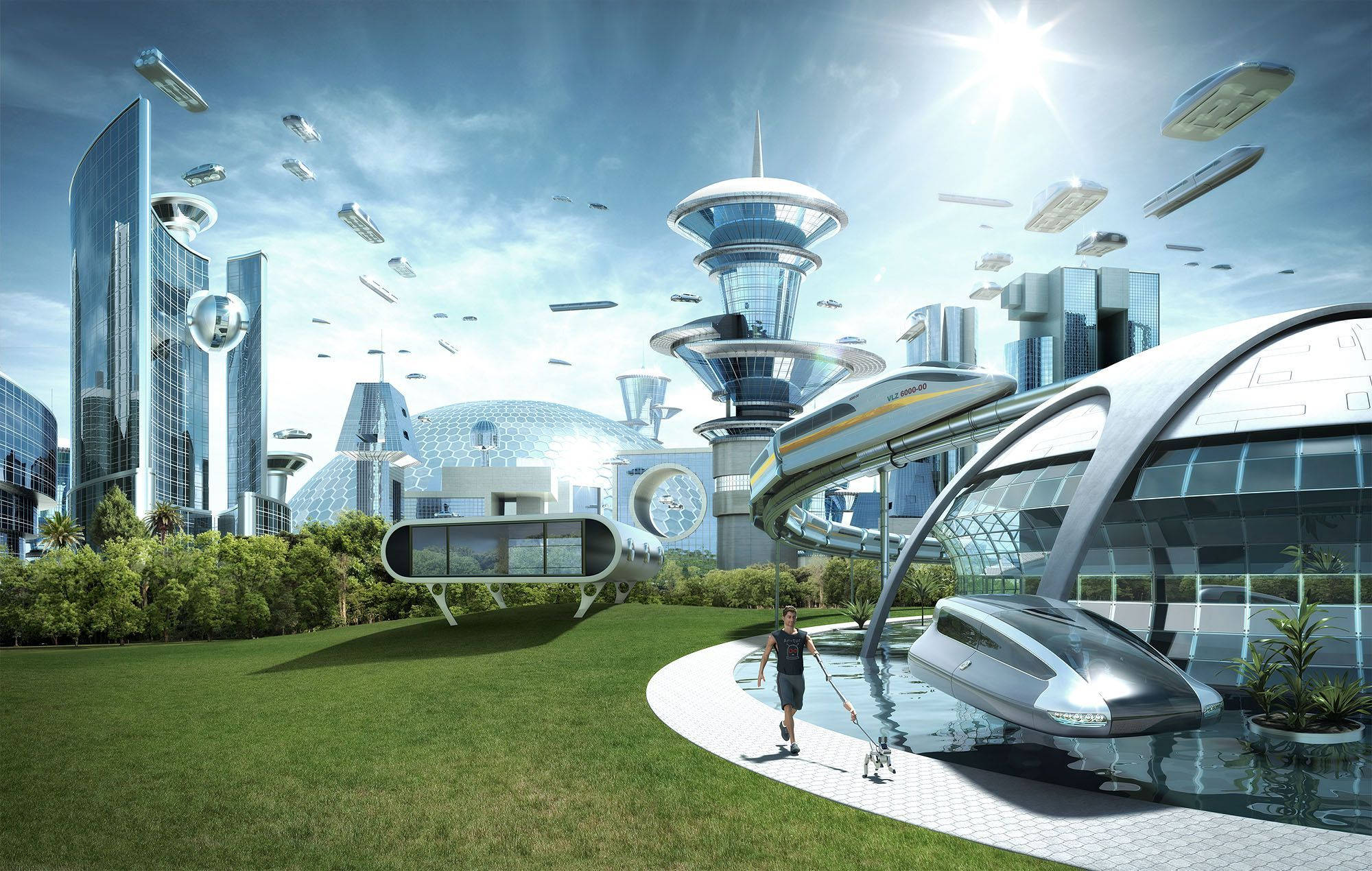 Futuristic City 桌布 壁紙 — 未來城市景觀，擁有時尚的銀色建築和飛行車輛，在明亮的陽光下，有人在小徑上行走。