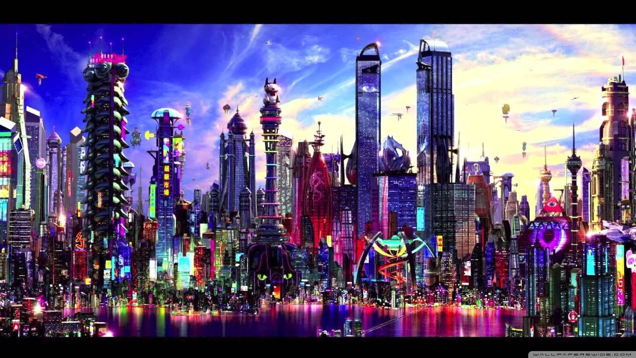 Futuristic City 桌布 壁紙 — 未來城市景觀，日落時分，霓虹燈照亮的摩天大樓在紫色和橙色鮮豔的天空下倒映在水中。
