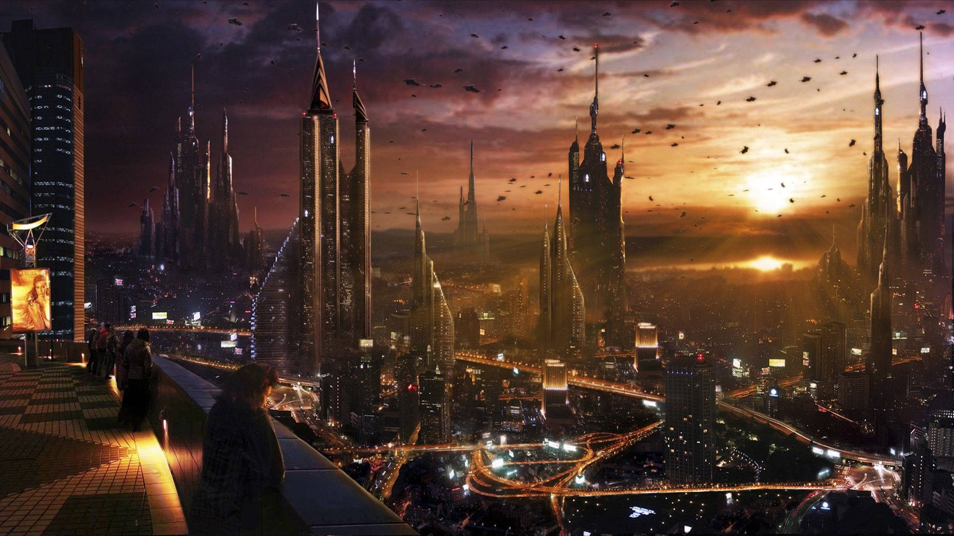 Futuristic City 桌布 壁紙 — 未來城市景觀，日落時分，高聳的尖塔在火紅的天空中閃耀，鳥兒在頭頂飛翔。