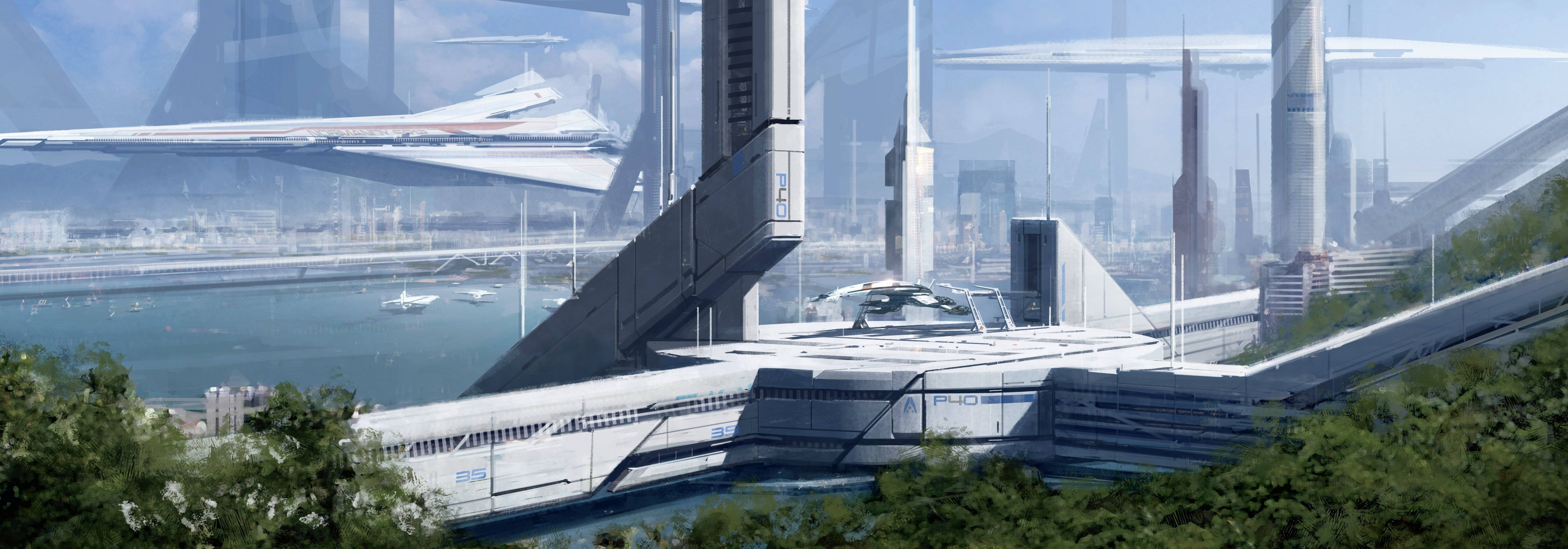 Futuristic City 桌布 壁紙 — 未來城市景觀，時尚的飛行車輛在玻璃摩天大樓上方翱翔，下方是茂密的綠植。